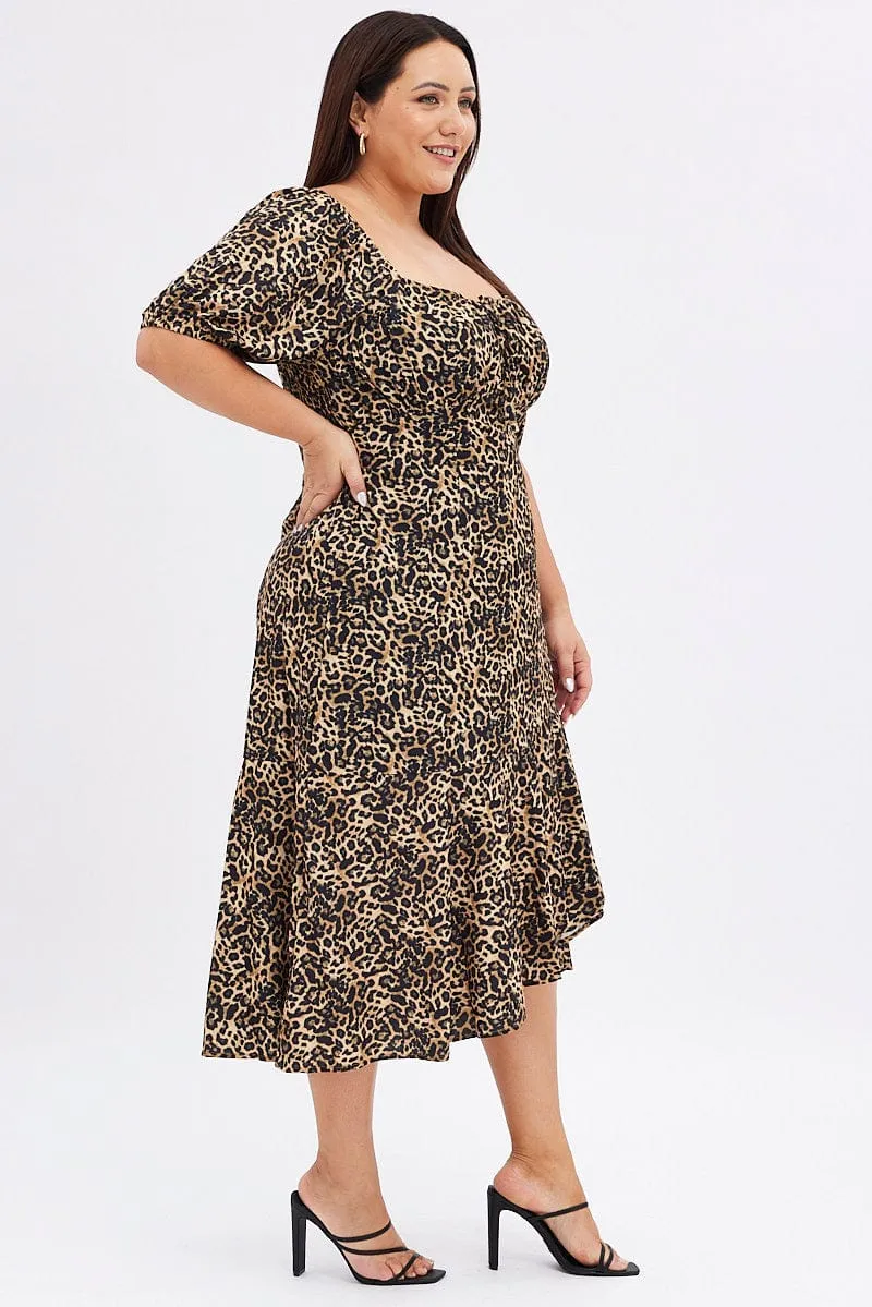 High Hemline Brown Animal Print Midi Dress Short Sleeve Gathered Bust