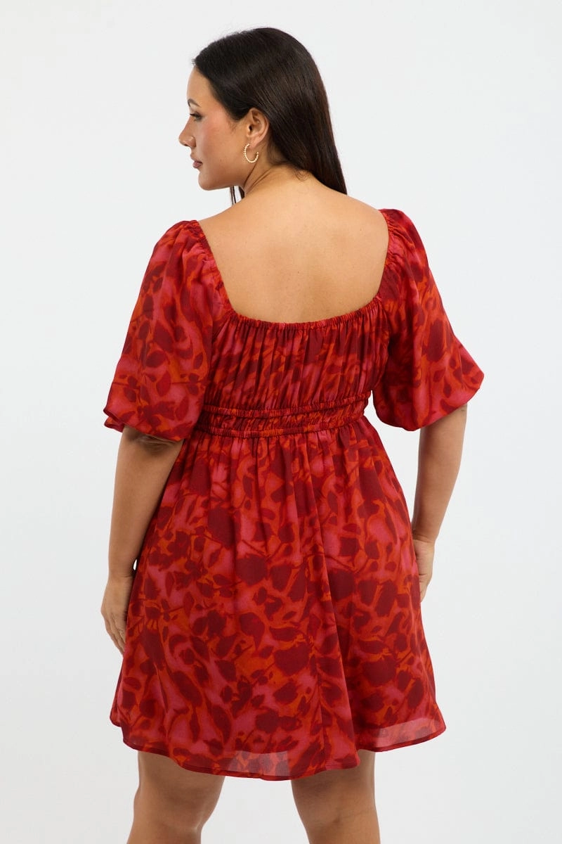 Weekend Favorite Red Floral Scoop Neck Tie Front Gather Minidress