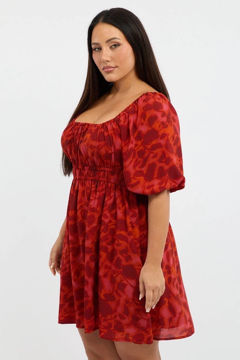 Red Floral Scoop Neck Tie Front Gather Minidress Metallic Finish