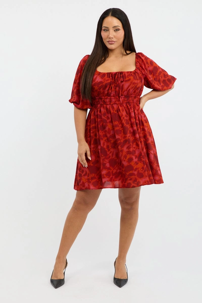 Premium Fabric Office Fit Red Floral Scoop Neck Tie Front Gather Minidress