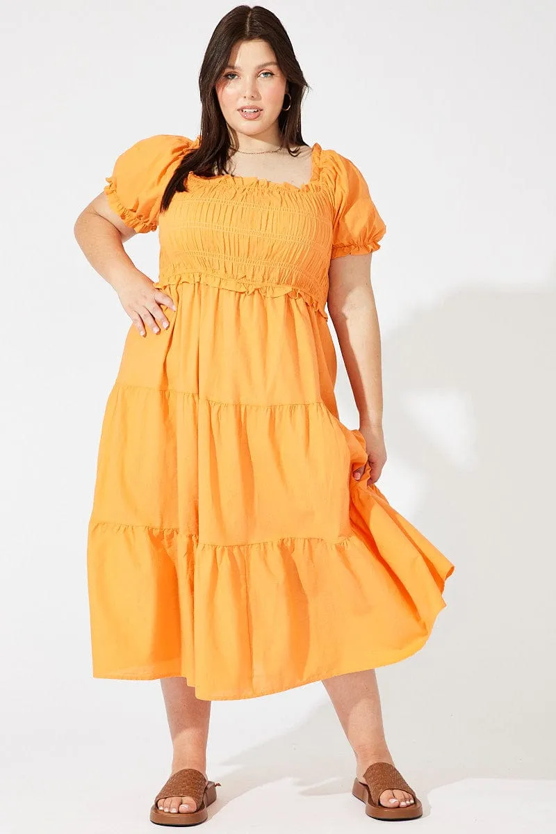 Calm Beauty Bold Fashion Orange Midi Dress Short Sleeve Shirred