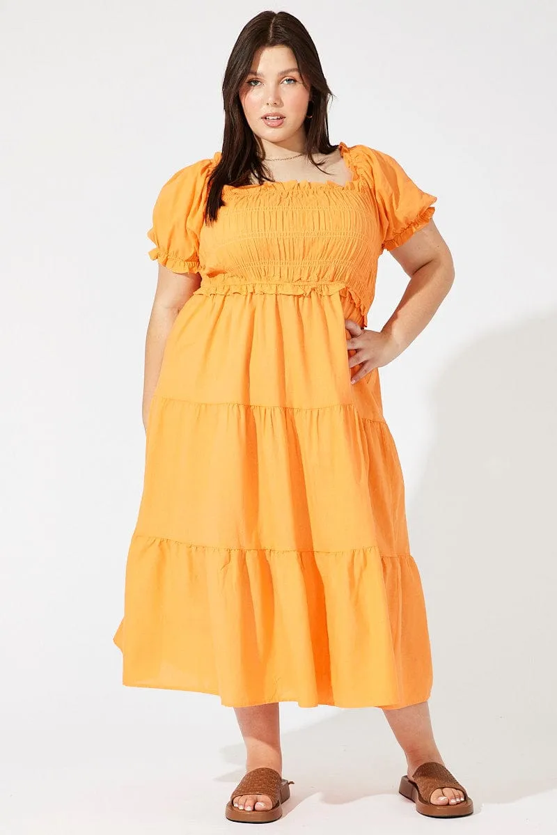 Subtle tone Orange Midi Dress Short Sleeve Shirred