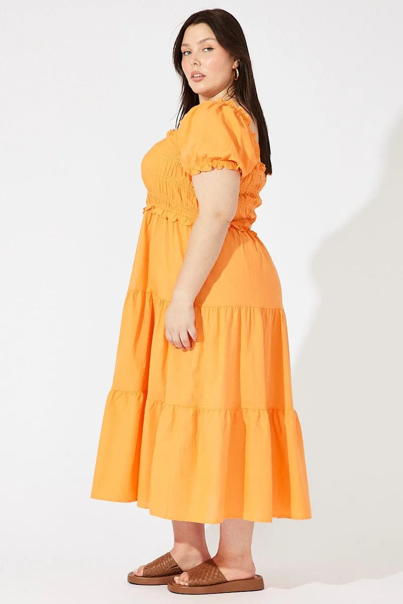 Orange Midi Dress Short Sleeve Shirred Versatile Layer