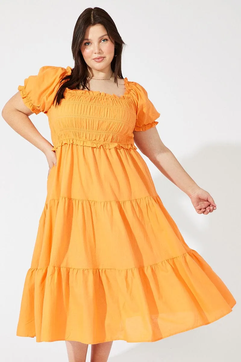 Orange Midi Dress Short Sleeve Shirred FlexibleClosure