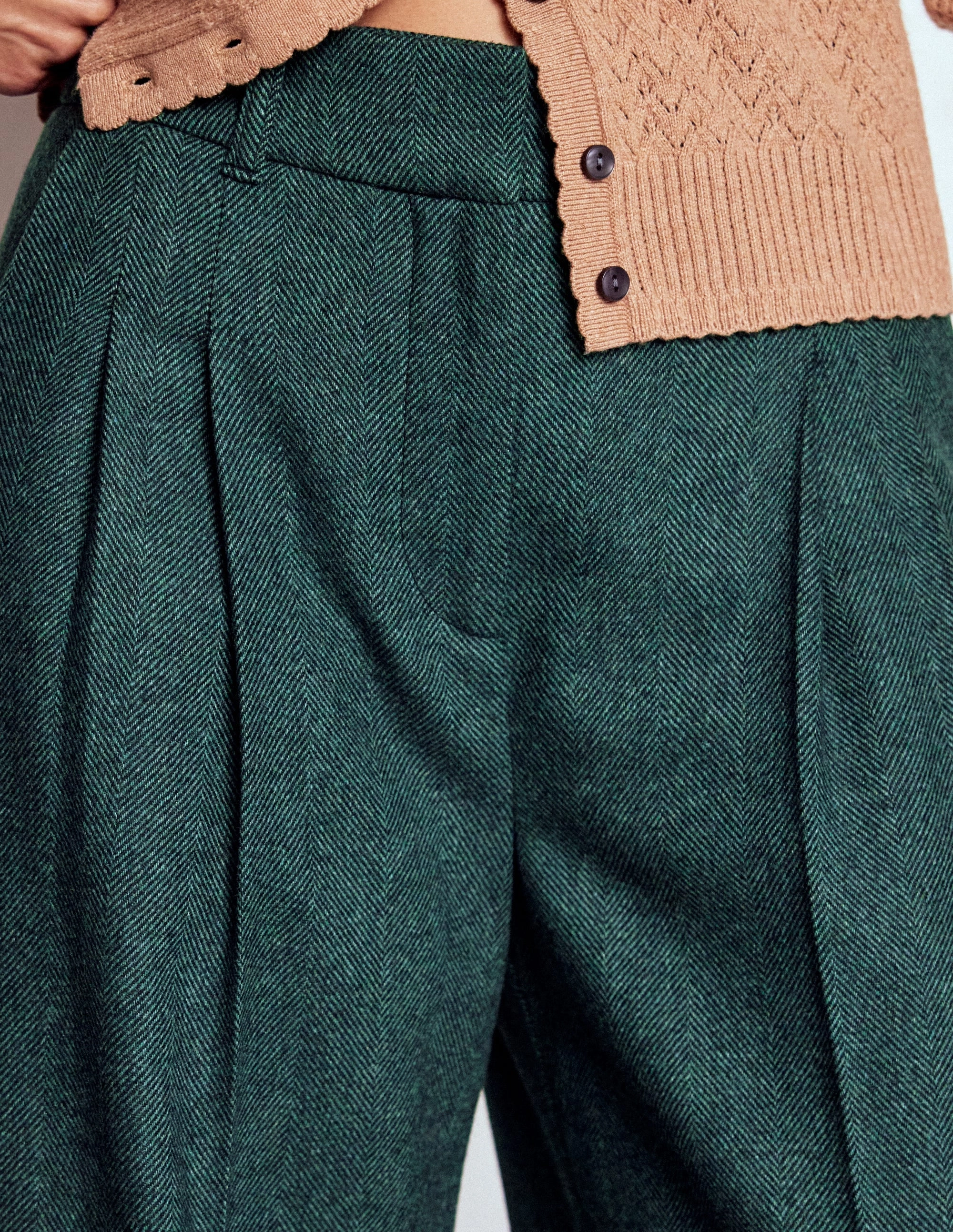 Soft Lines Kensington Wool Trousers-Green and Navy Herringbone