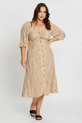 Geo Print 3/4 Sleeve Tie Front Button Midi Dress Comfortable Look