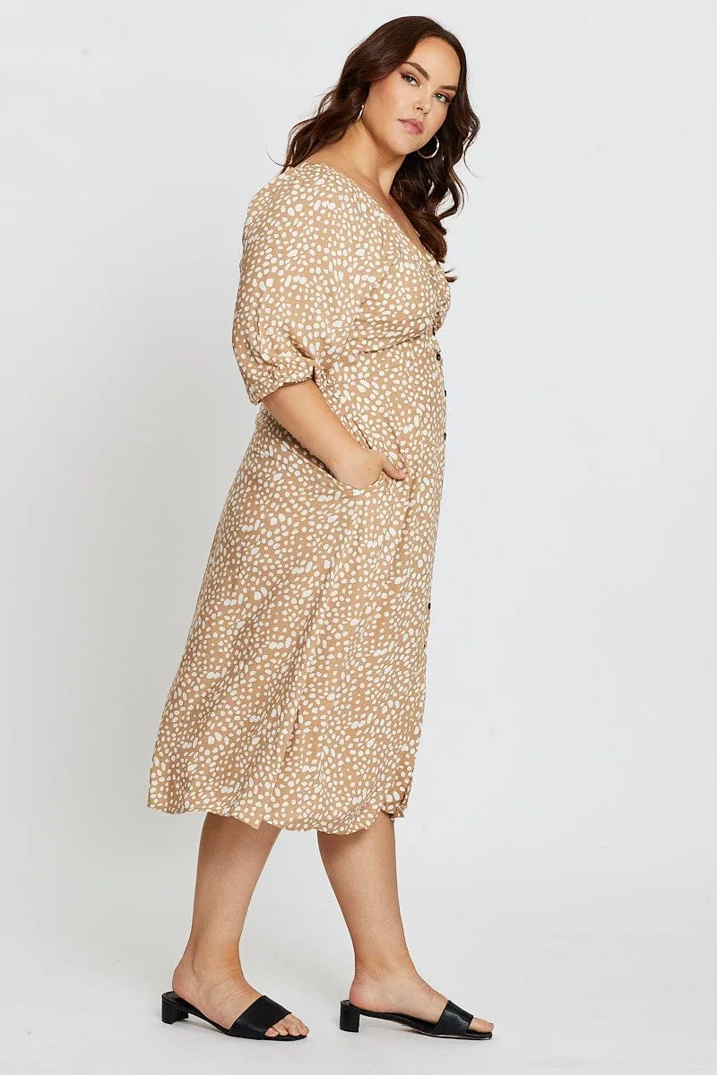 Bold Fashion Feminine Look Geo Print 3/4 Sleeve Tie Front Button Midi Dress