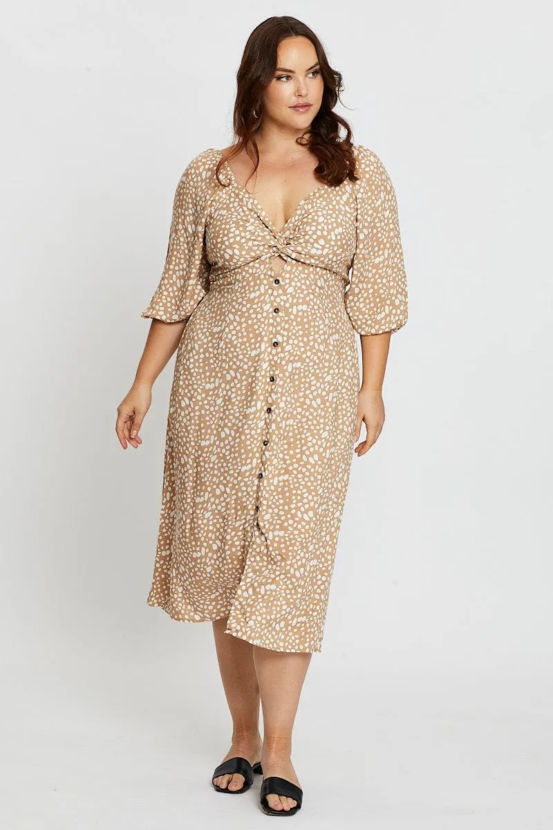 Geo Print 3/4 Sleeve Tie Front Button Midi Dress Relax Line