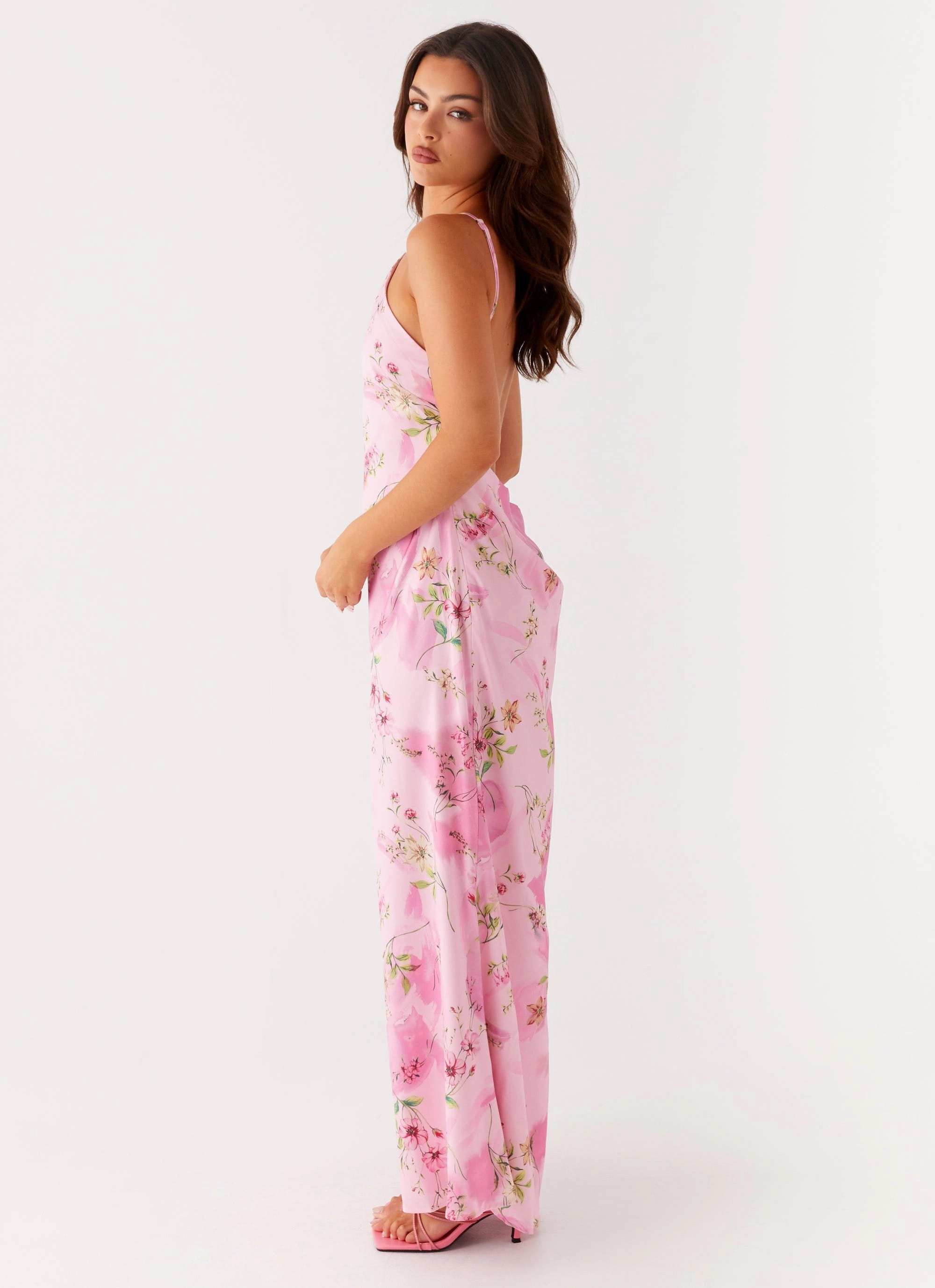 Pascal Maxi Dress - Pink Floral Print Shiny Zip