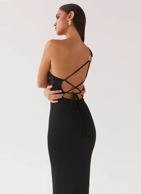 Waist-Cinching Iris Backless Maxi Dress - Black