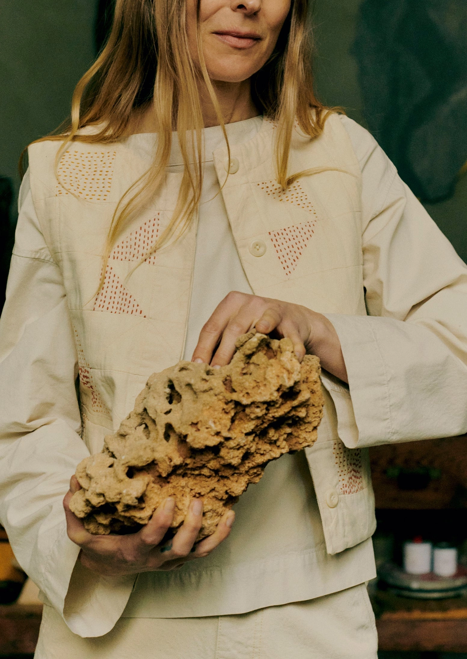 Ethically Sourced Yarn Patchwork Kantha Stitch Cotton Waistcoat | Ecru