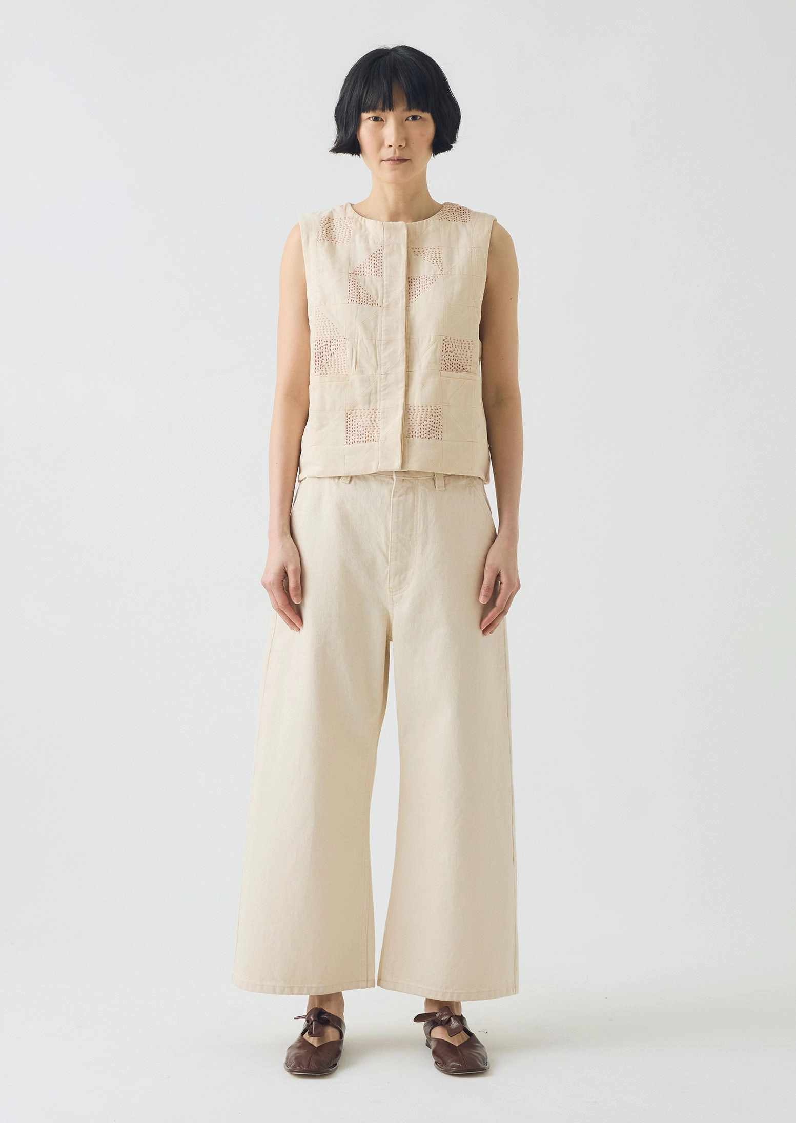 Snag Resistant Surface Patchwork Kantha Stitch Cotton Waistcoat | Ecru