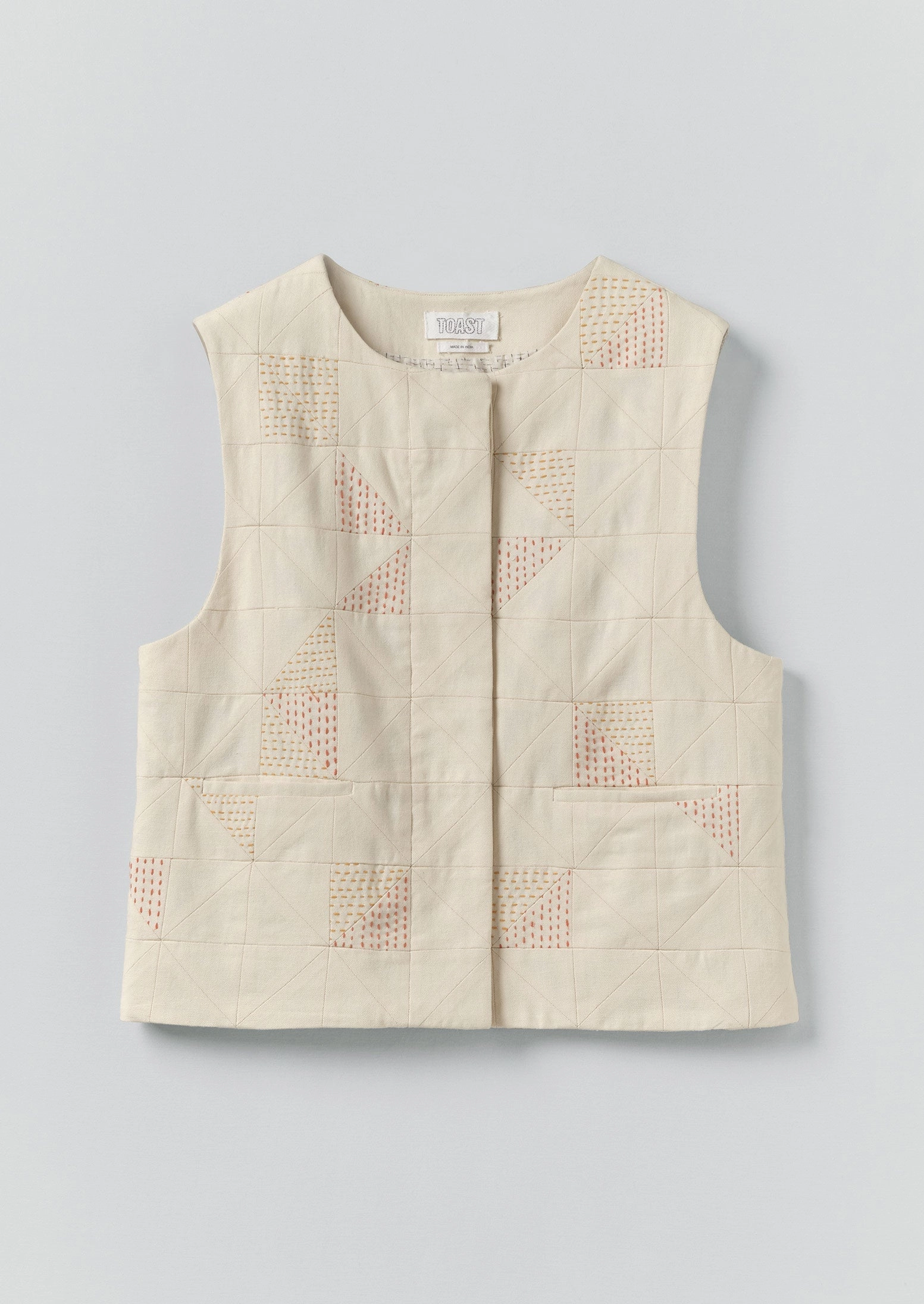 Patchwork Kantha Stitch Cotton Waistcoat | Ecru Breathable Hoodie Quick Dry Material