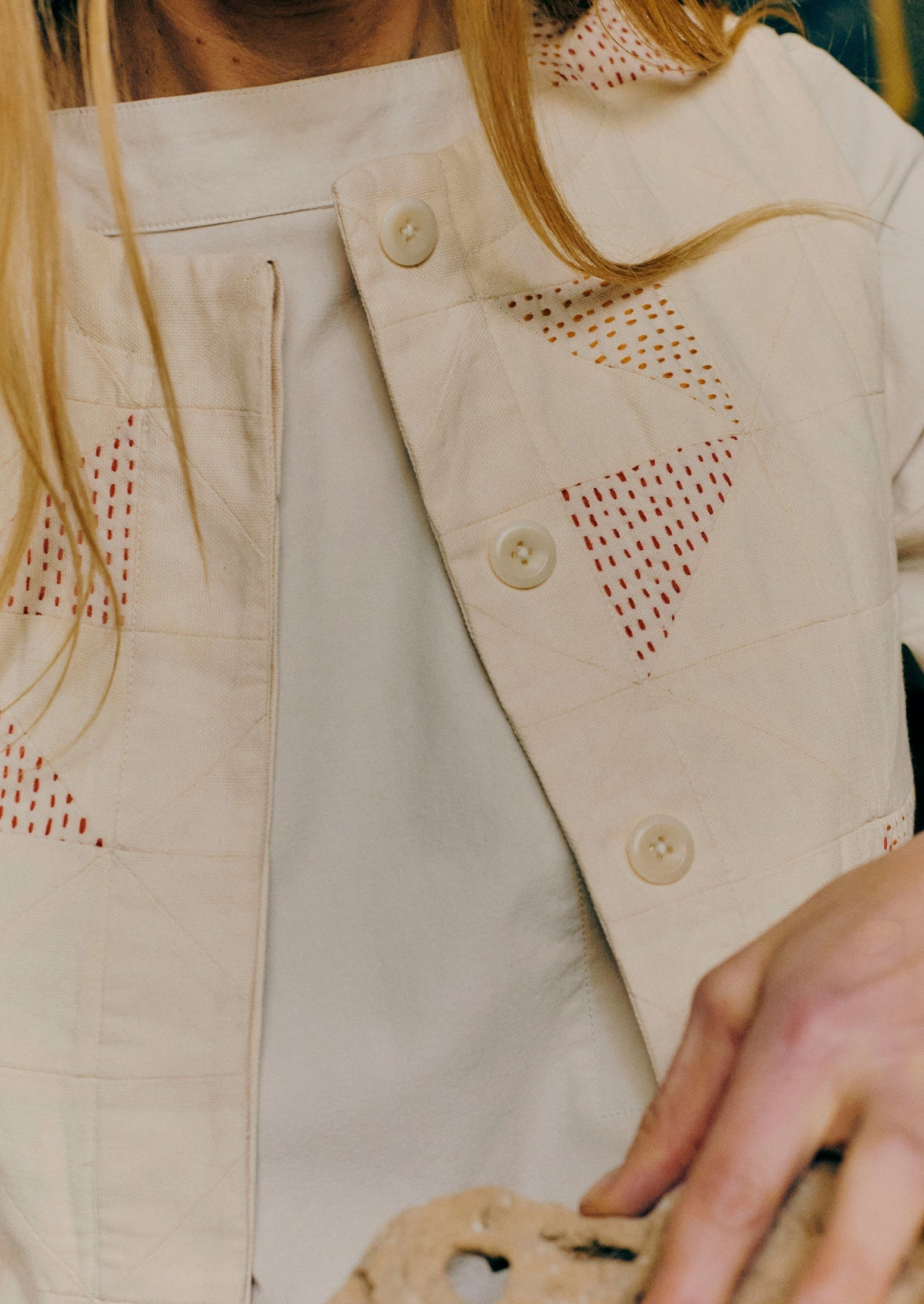 Patchwork Kantha Stitch Cotton Waistcoat | Ecru Sun Protection Fabric