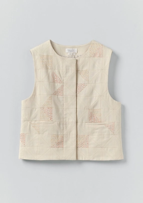 Patchwork Kantha Stitch Cotton Waistcoat | Ecru Breathable Hoodie Quick Dry Material