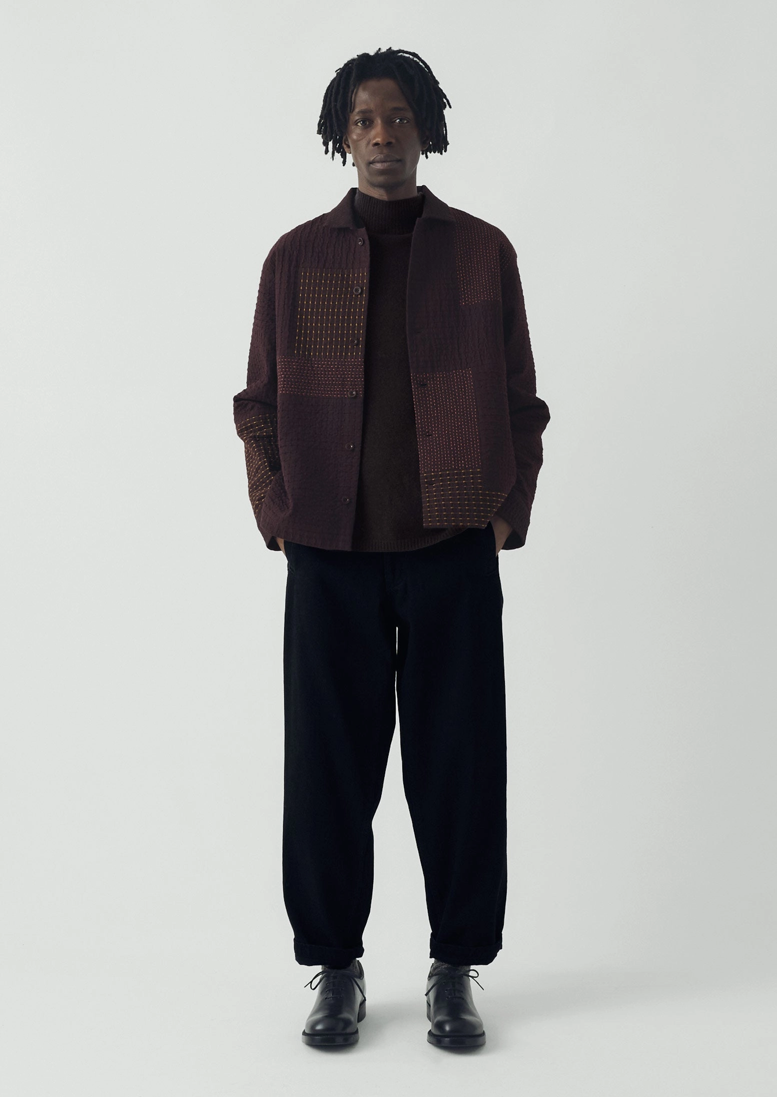 Patchwork Kantha Stitch Shirt | Black Walnut Polo Style Premium Option