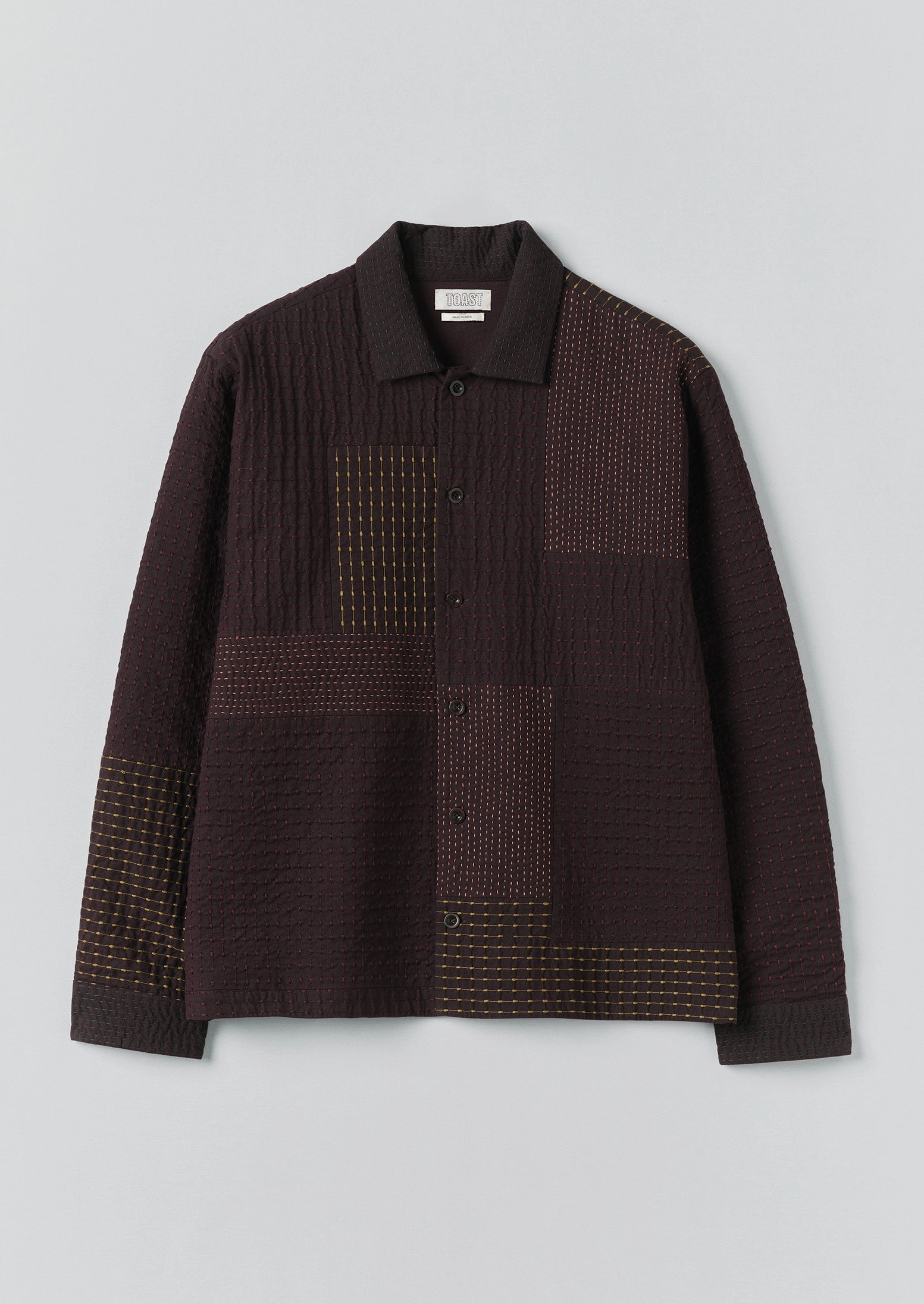 Reinforced Buttonholes Mesh Insert Patchwork Kantha Stitch Shirt | Black Walnut