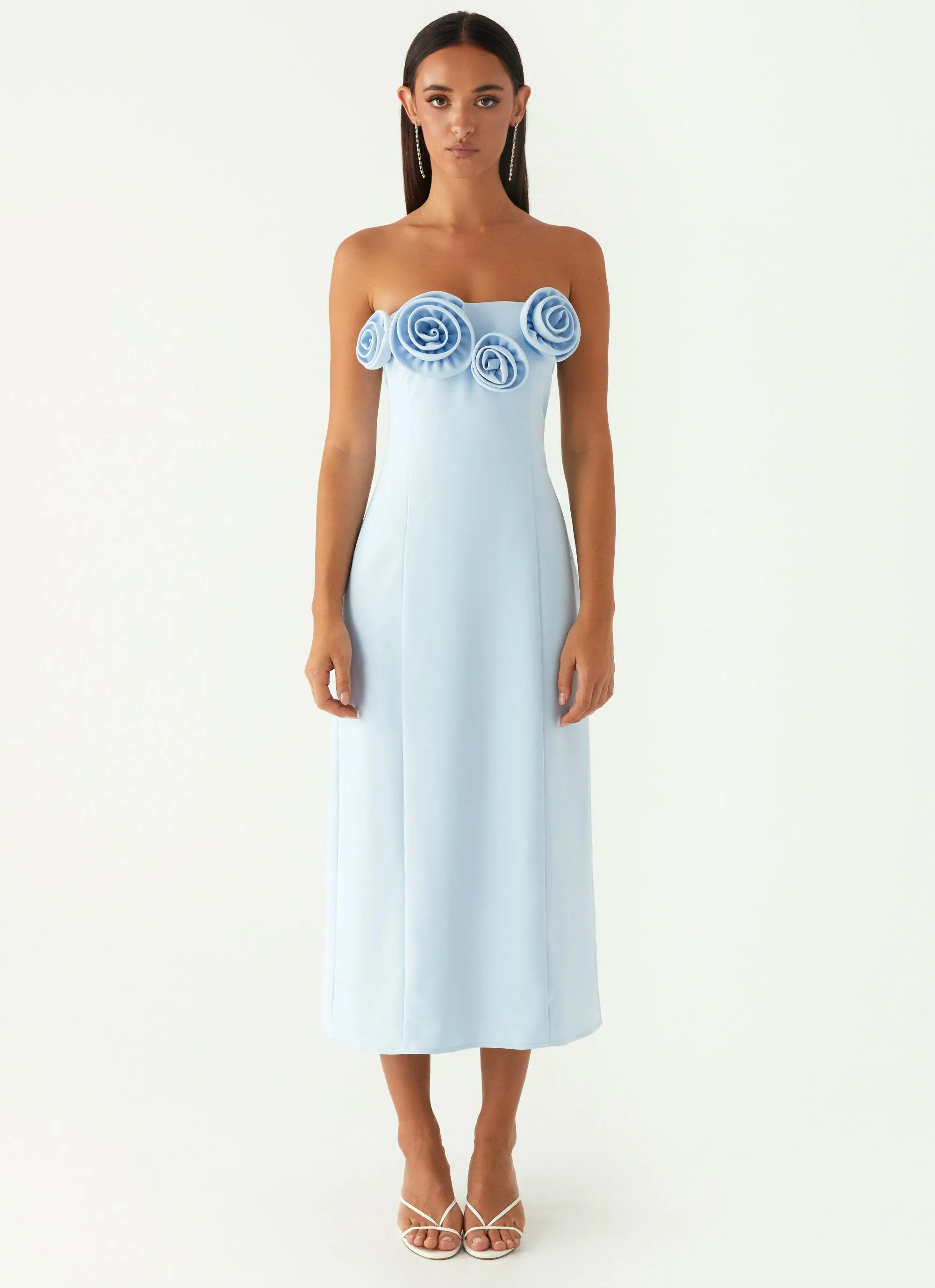 Patsie Strapless Midi Dress - Blue Zip-Closure Hip-Flattering