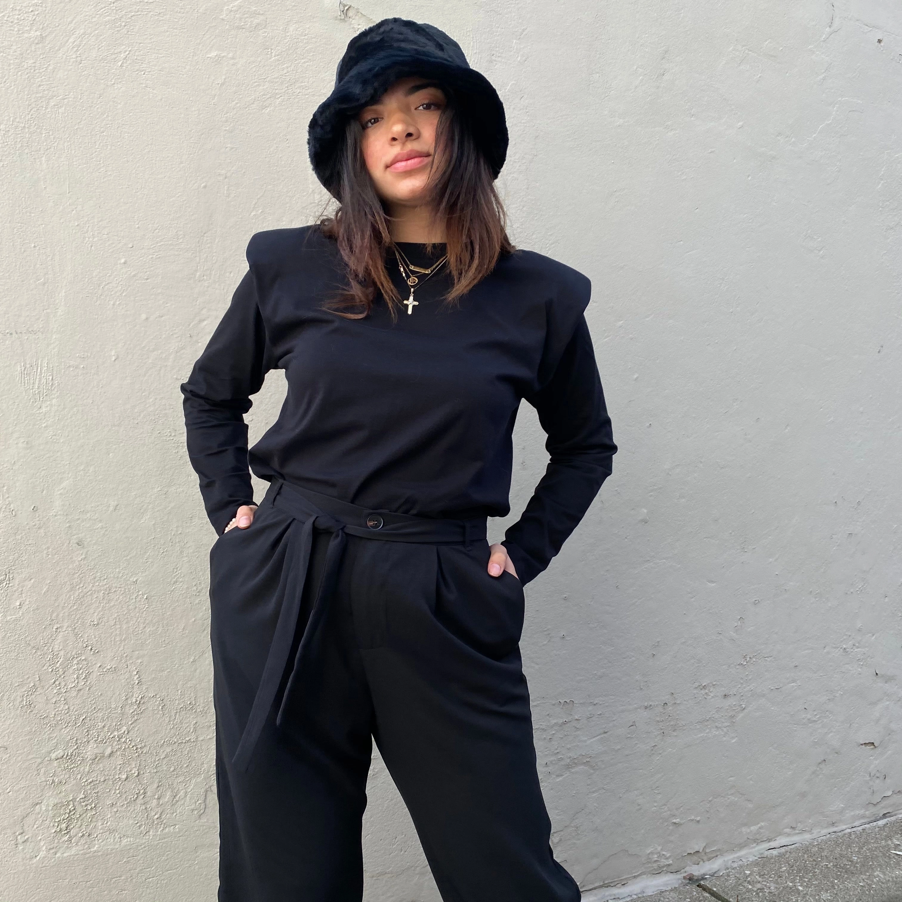 Autumn Floral Motif PATTY Long Sleeve Shoulder Pad Top