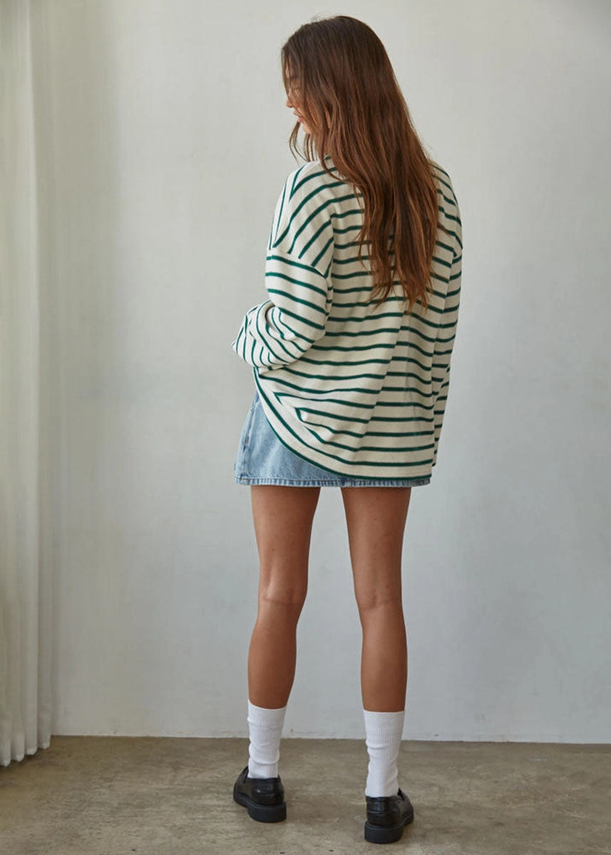 Chill Vibes Stretchable Design Paulie Striped Knit Pullover - Cream & Green