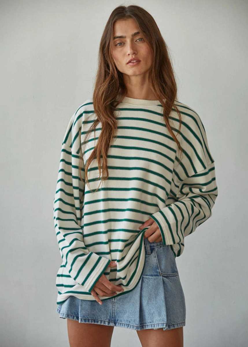 Paulie Striped Knit Pullover - Cream & Green Performance Comfort Effortless Knit