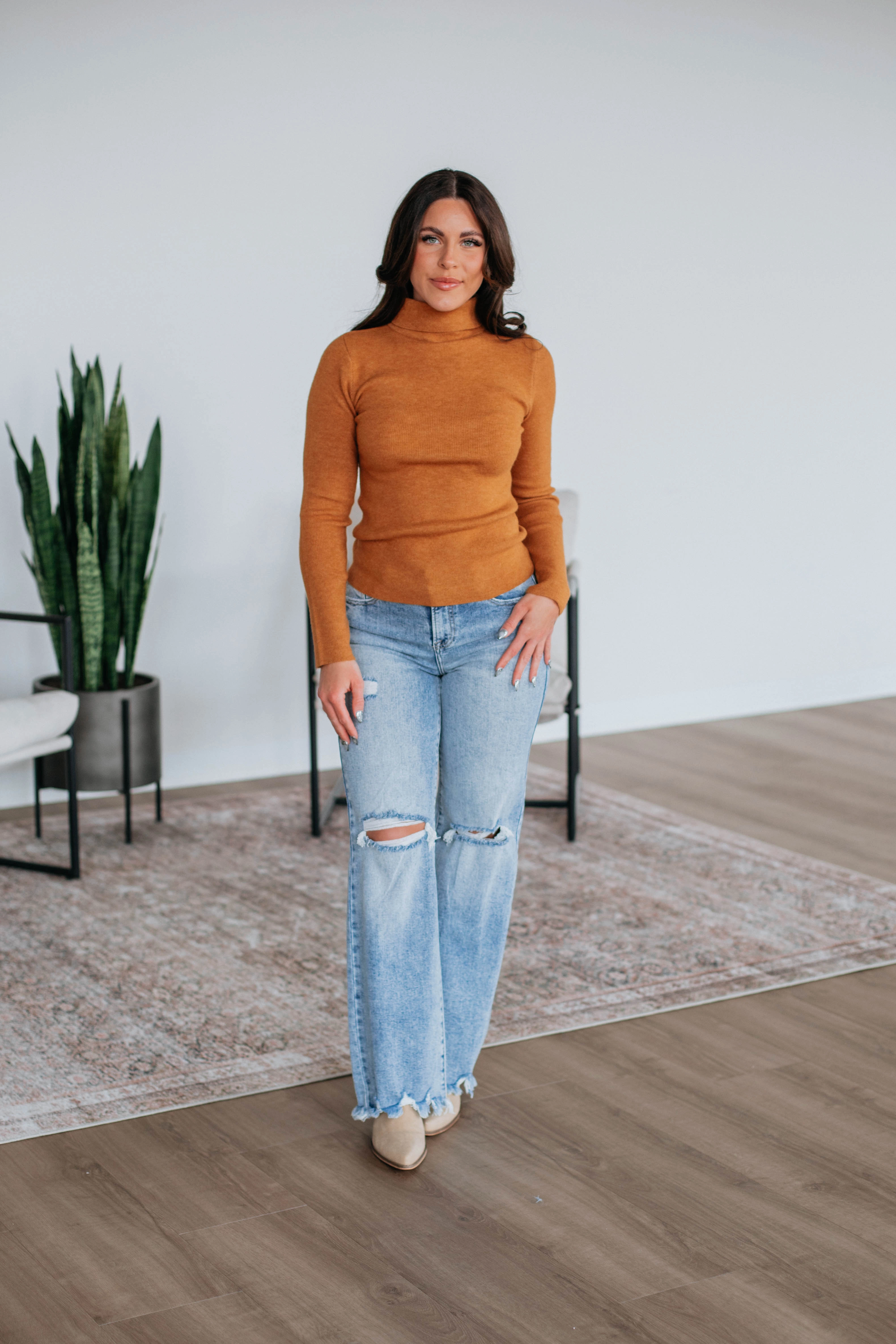 Paxton Turtle Neck Sweater - Camel Seamless Construction Design