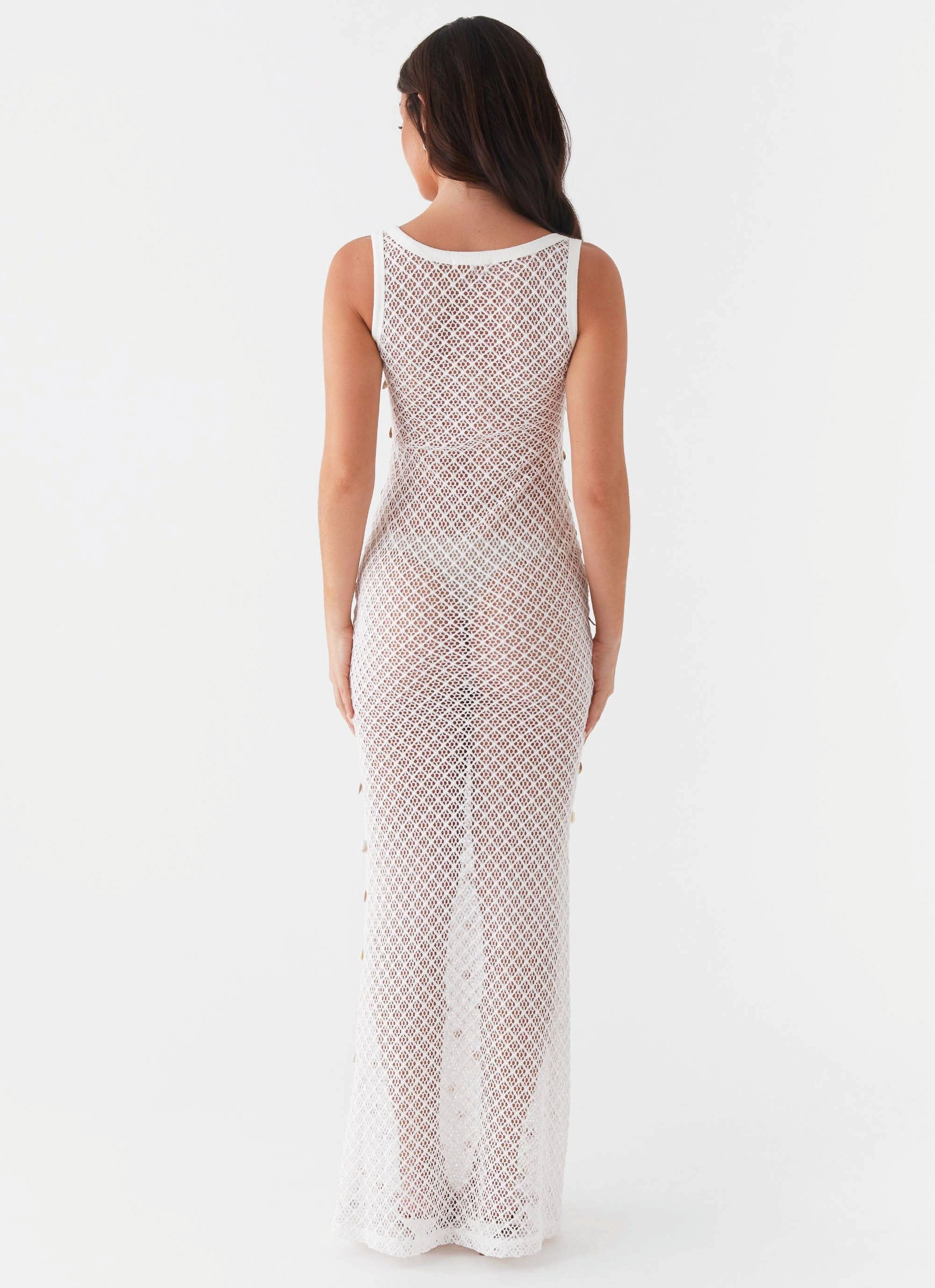 Penida Shell Knit Maxi Dress - White Front-Slit