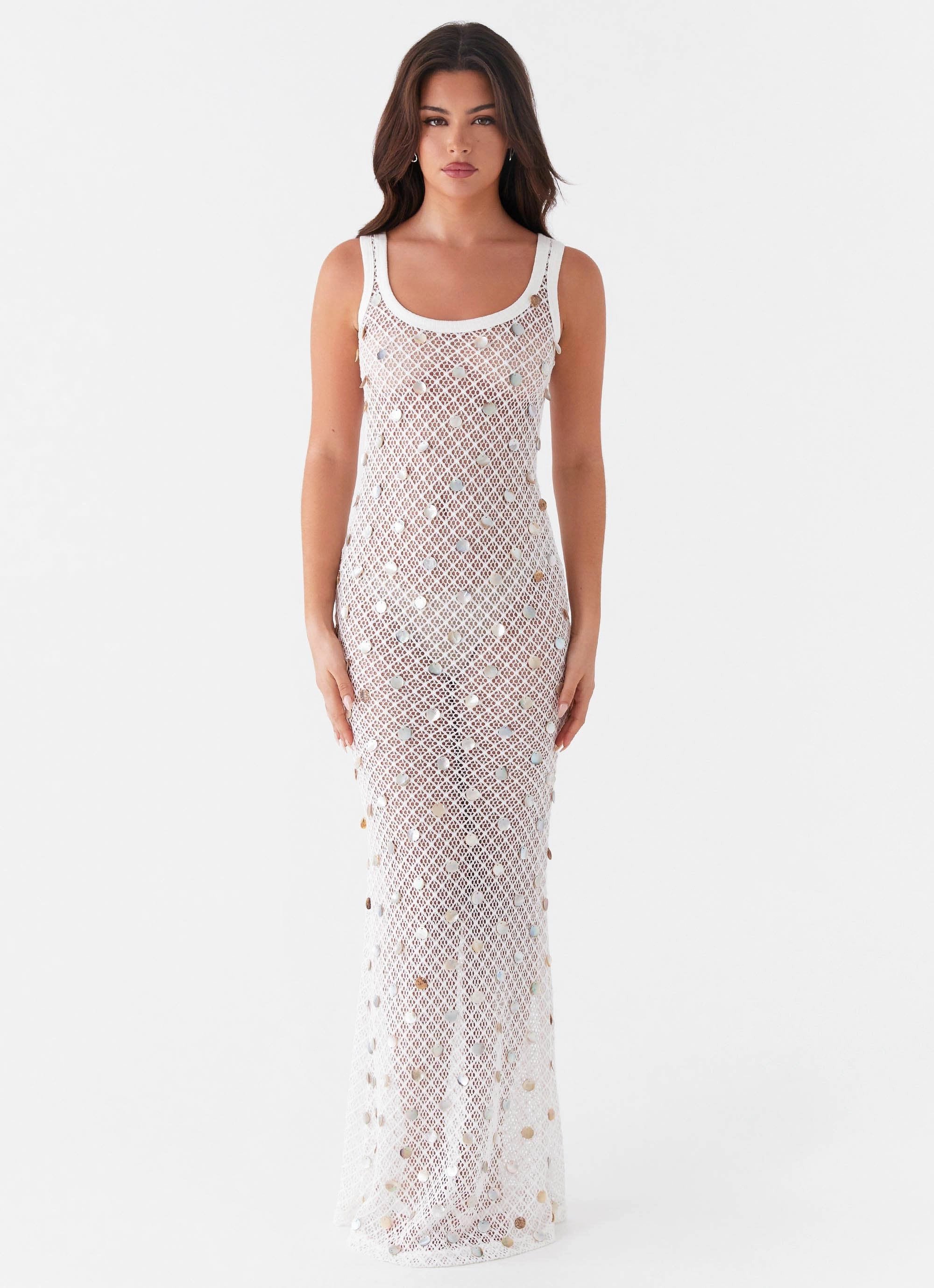 Penida Shell Knit Maxi Dress - White Layered Style Shirred-Detail