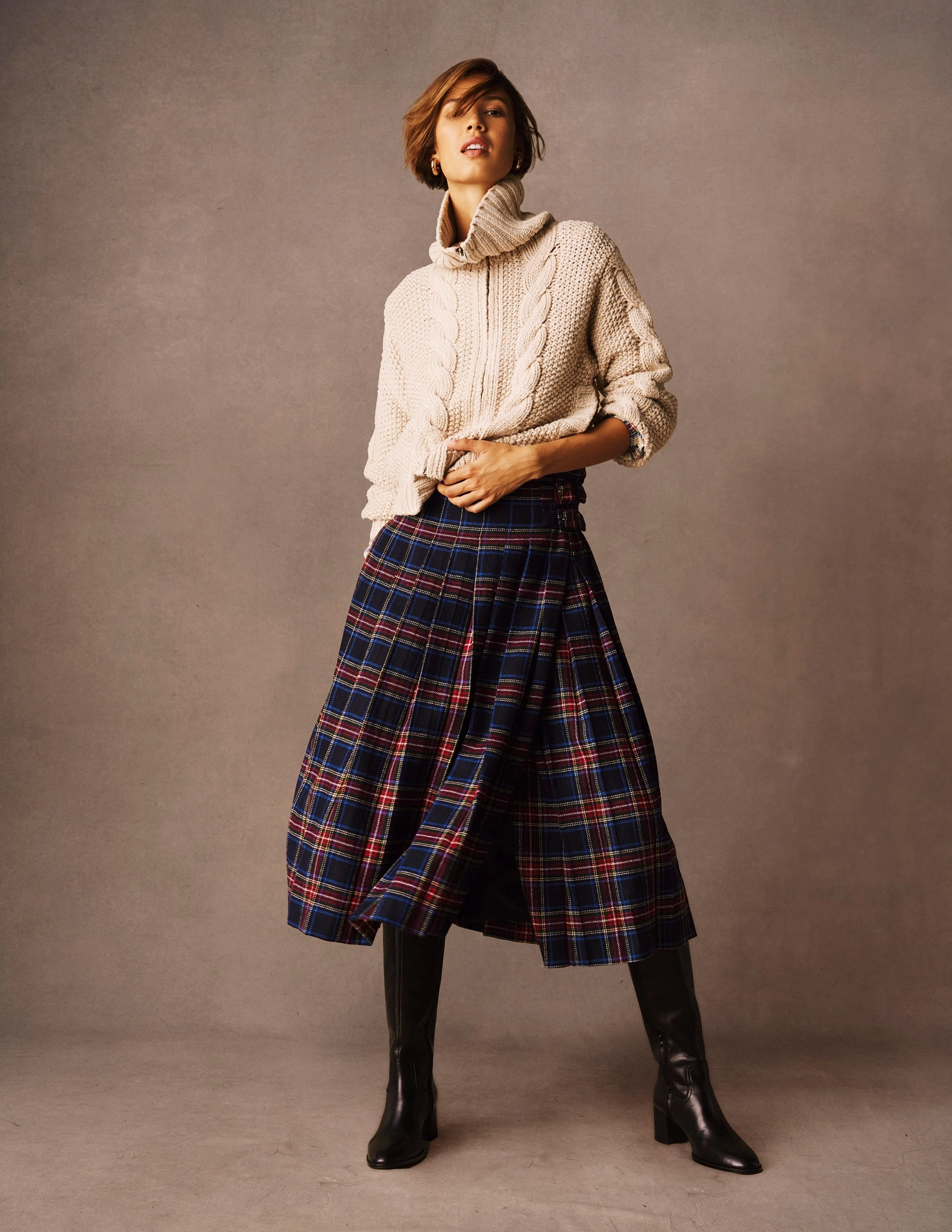 Neutral Tones Josephine Wool Kilt Skirt-Navy, Green and Red Check