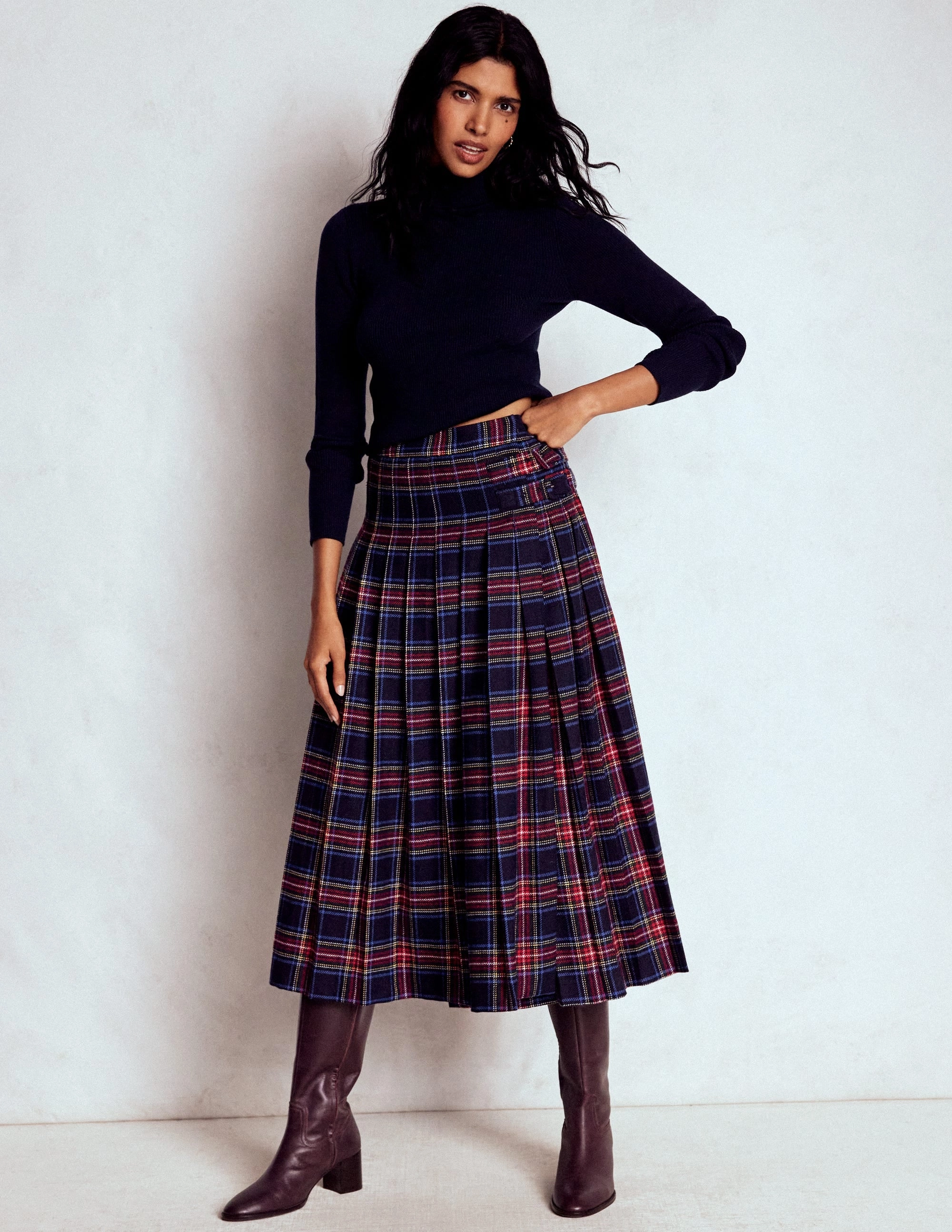 Flowy Drape Josephine Wool Kilt Skirt-Navy, Green and Red Check