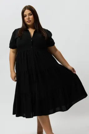 Cozy Design Black Midi Dress Short Sleeve Shirt
