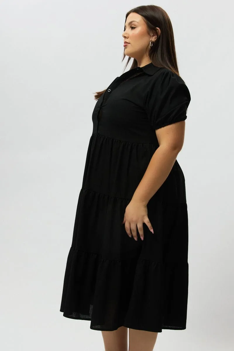 Black Midi Dress Short Sleeve Shirt Art-Gallery