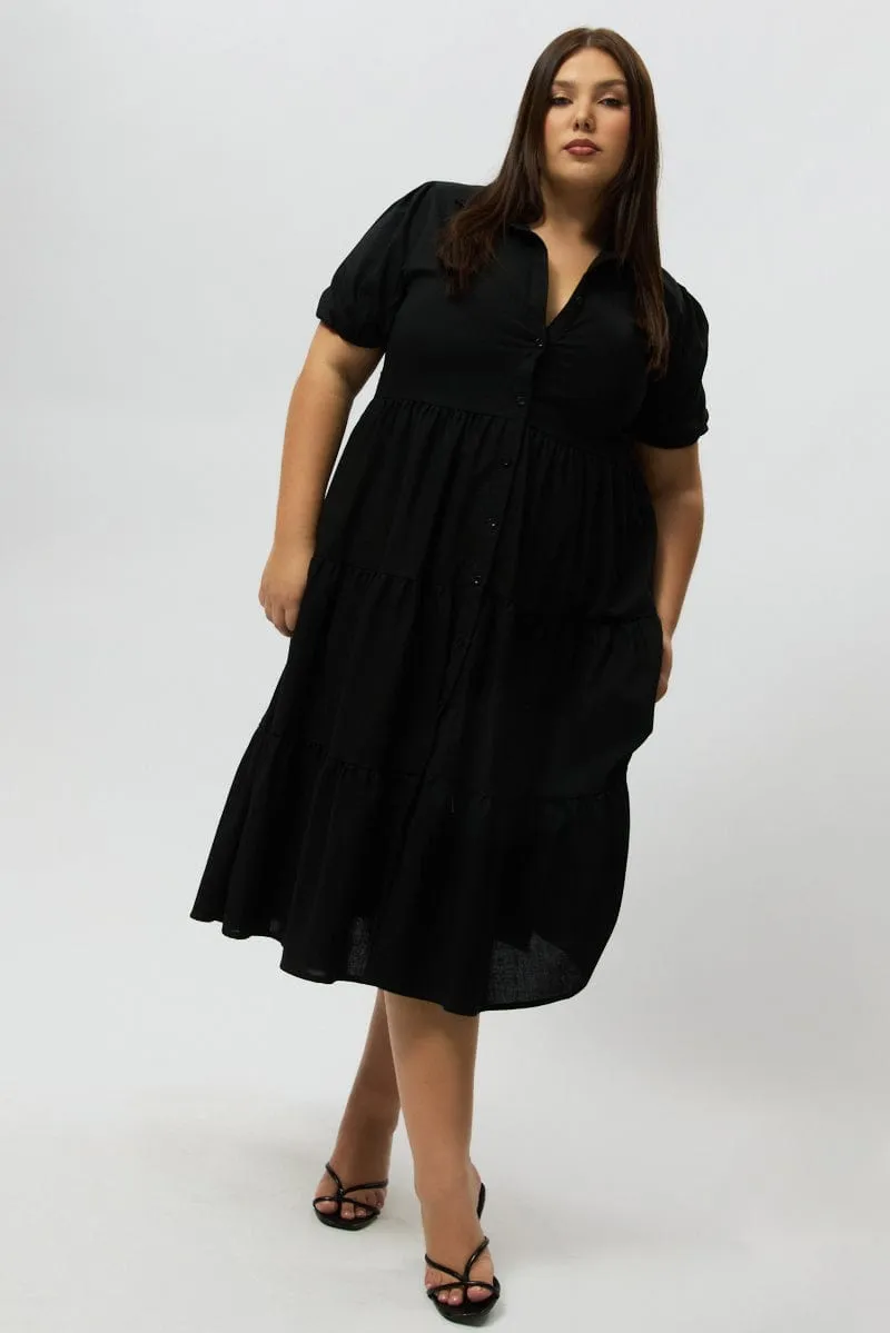 Black Midi Dress Short Sleeve Shirt Soft Fashion