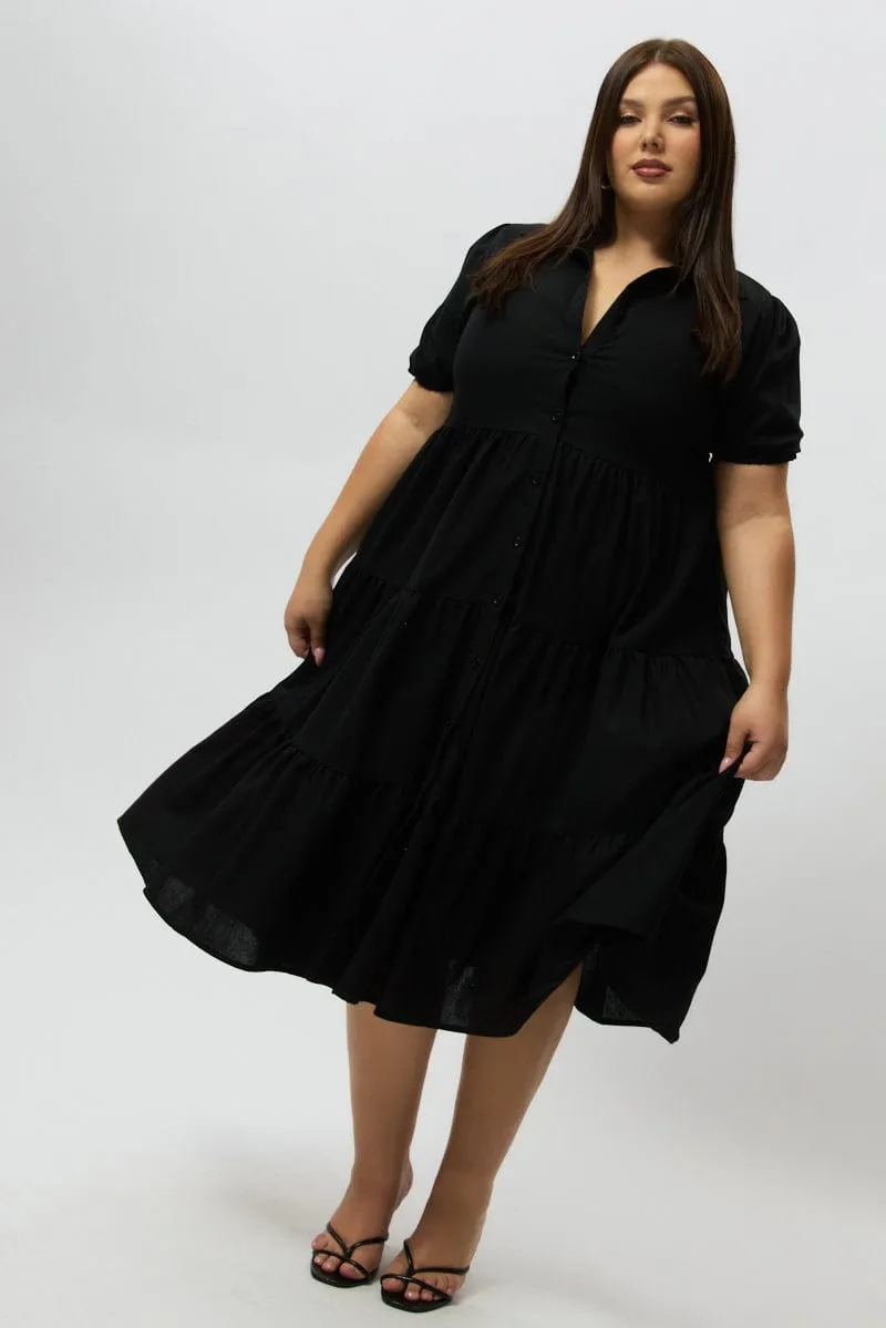 Black Midi Dress Short Sleeve Shirt Comfortable Look
