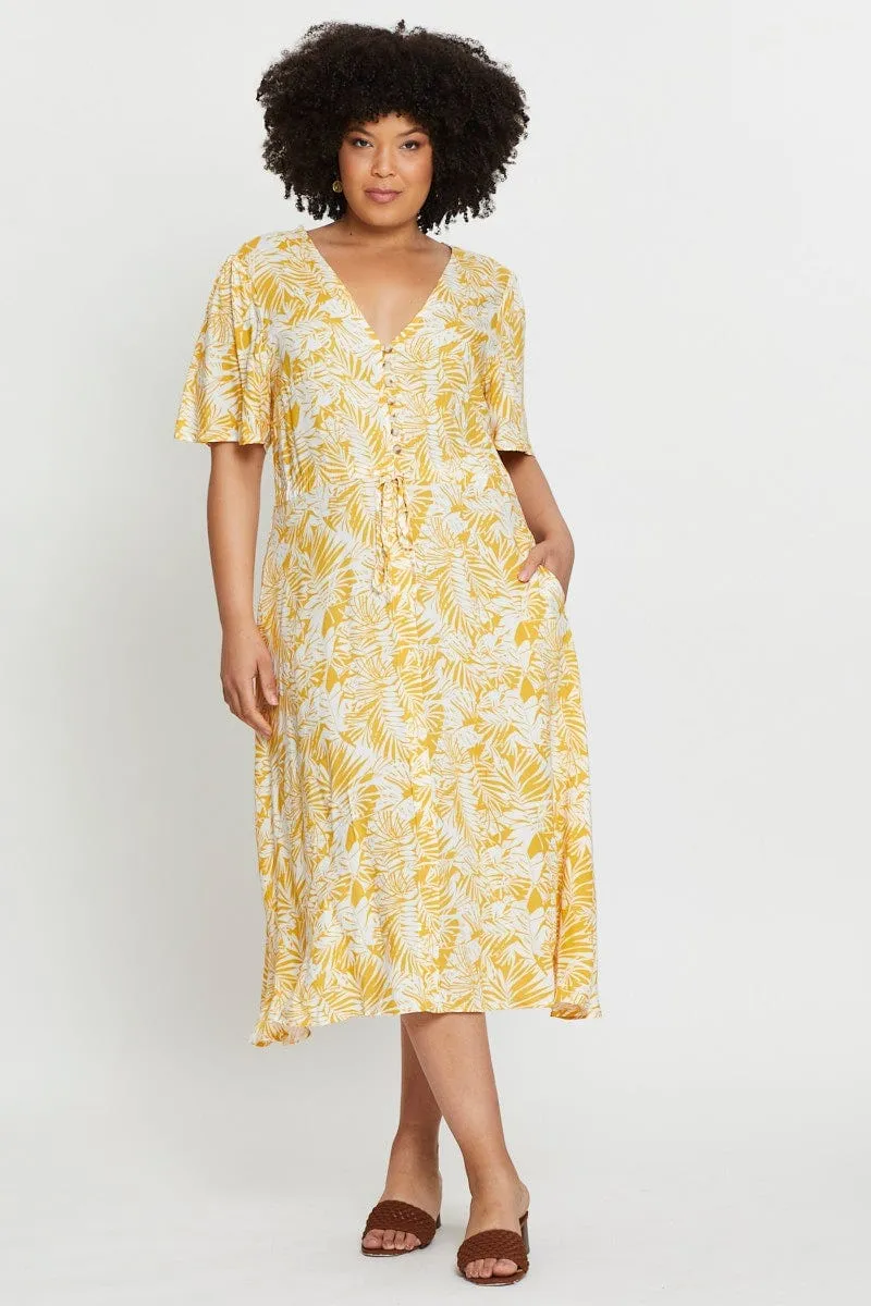 Comfortable and Chic Floral Print Midi Dress V-neck Short Sleeve