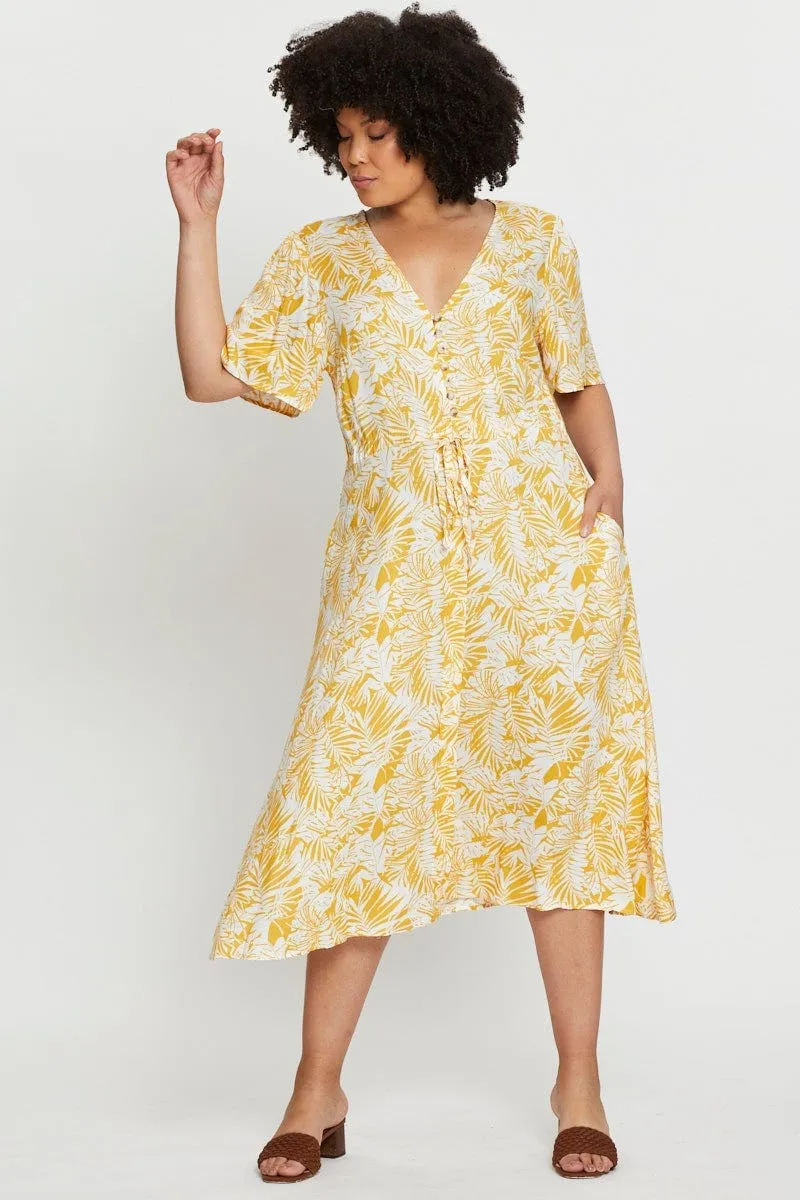 Relax Form Light and Comfortable Wear Floral Print Midi Dress V-neck Short Sleeve