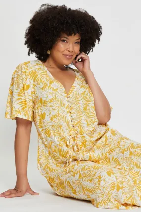 Floral Print Midi Dress V-neck Short Sleeve Bow Glow Printed-Fabric