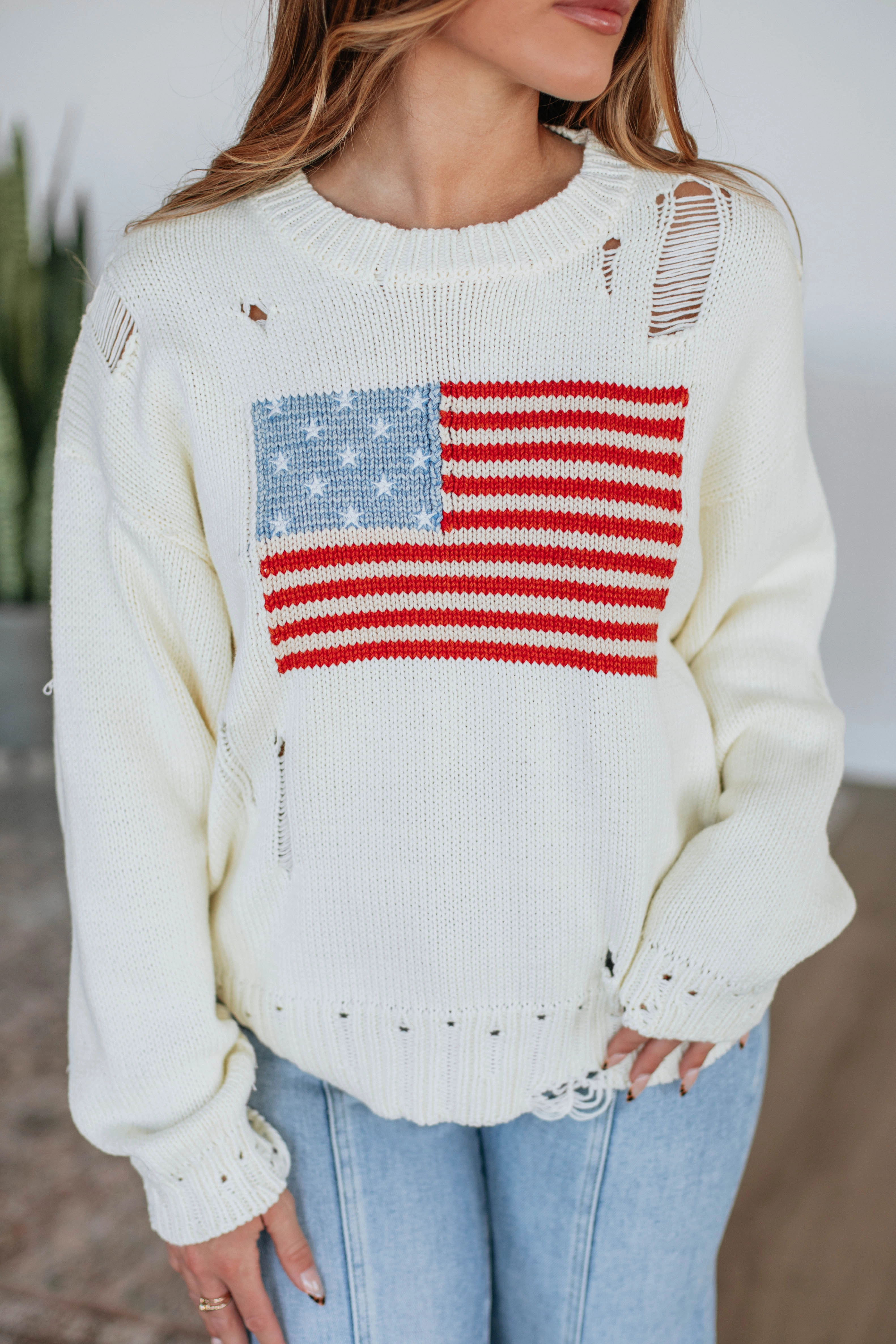 Quick drying material Trendy Knit American Dreamin' Sweater - Cream