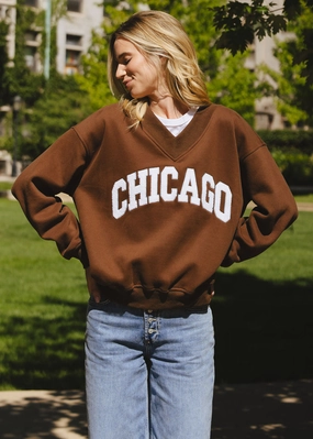 Warm and Cozy Chicago Boucle V-Neck Sweatshirt - Espresso
