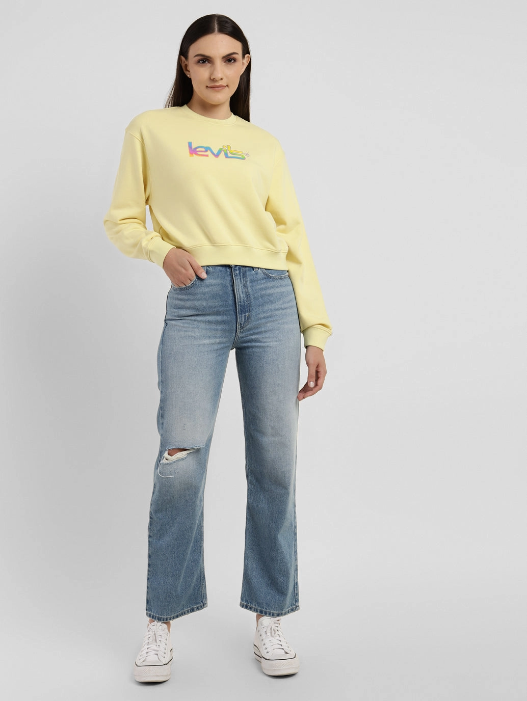 Streetwear Fan Earthy High Quality Women's Blue Ribcage Straight Fit High Rise Jeans