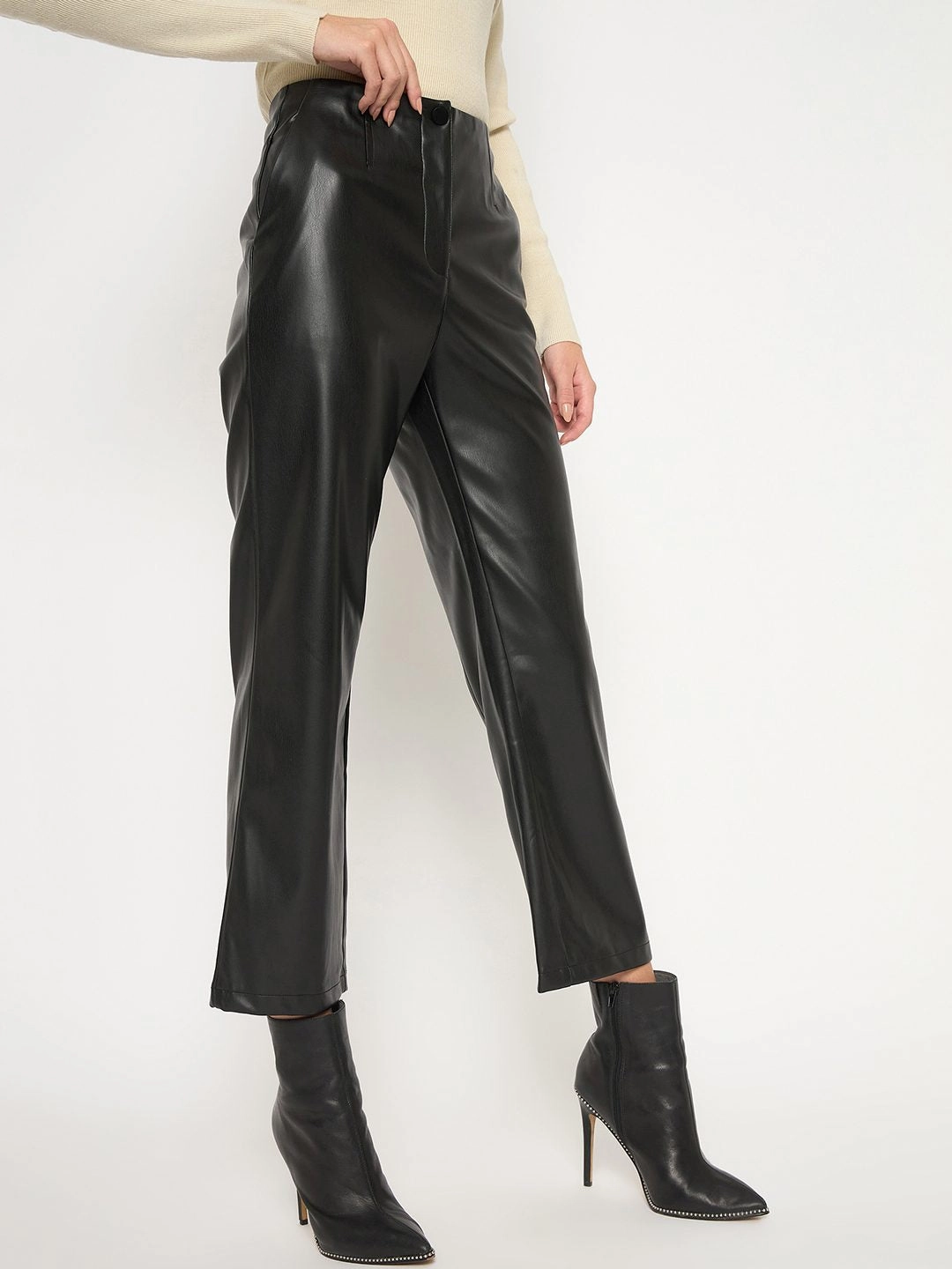 Madame Straight Fit Solid Black Faux Leather Trouser Comfortable Cut