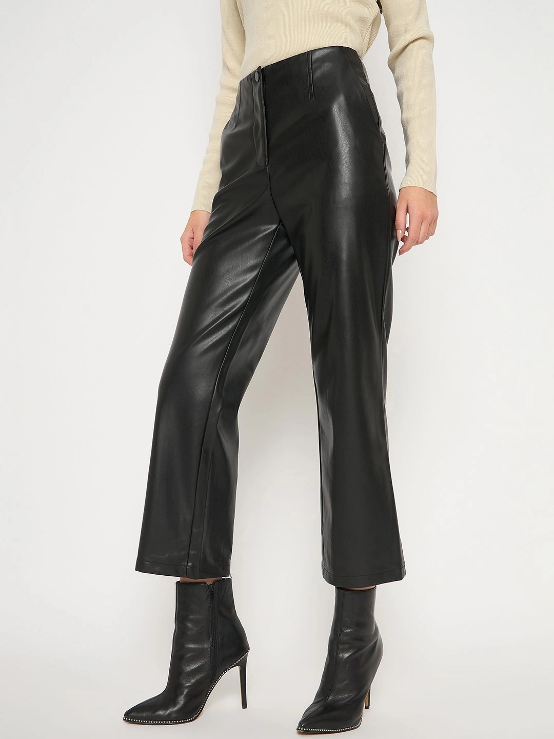 Dynamic Fit Madame Straight Fit Solid Black Faux Leather Trouser
