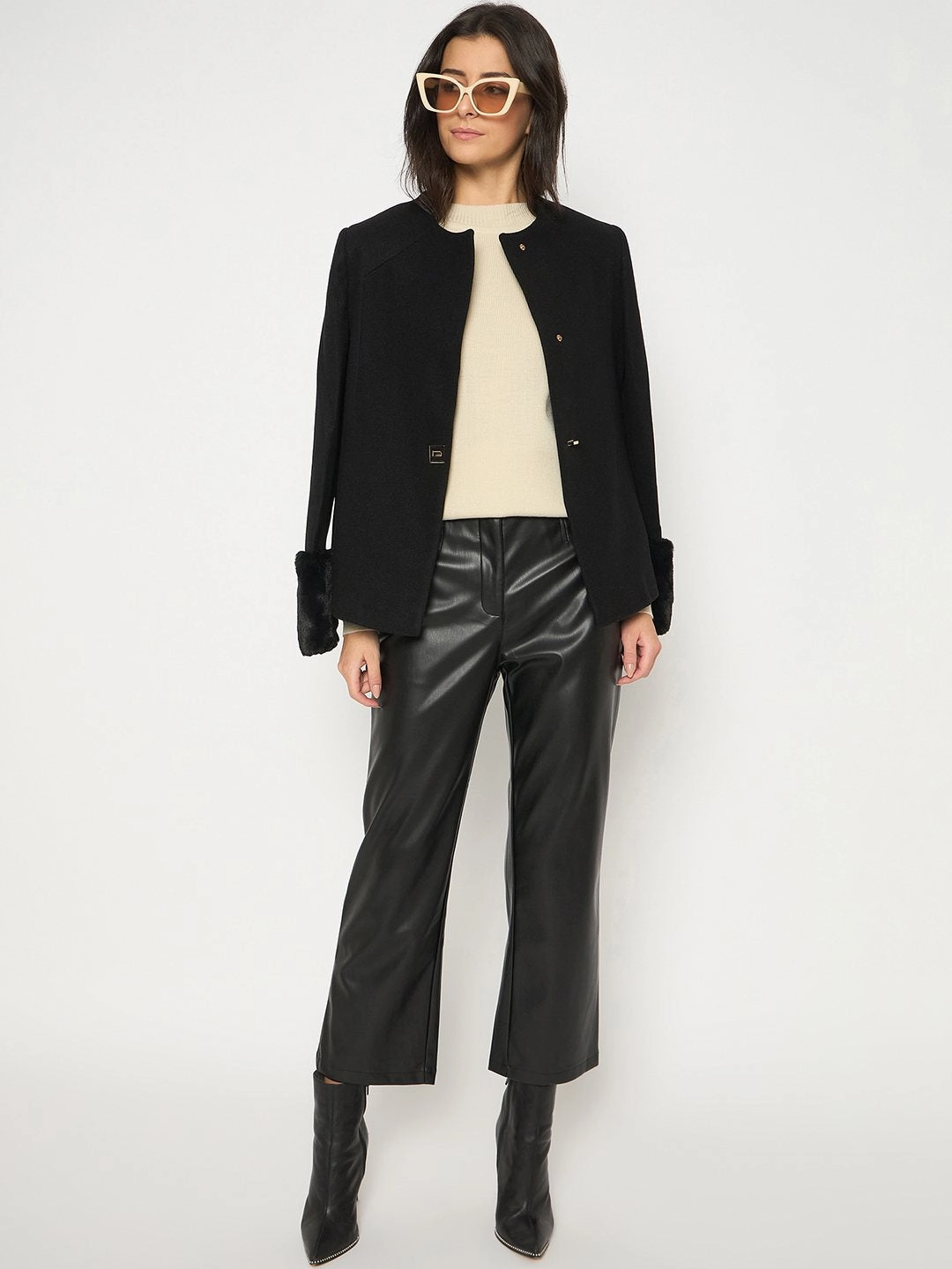 Madame Straight Fit Solid Black Faux Leather Trouser Street Style