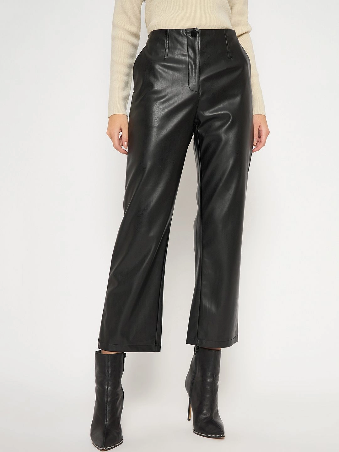 Madame Straight Fit Solid Black Faux Leather Trouser Flexible Layer Fit