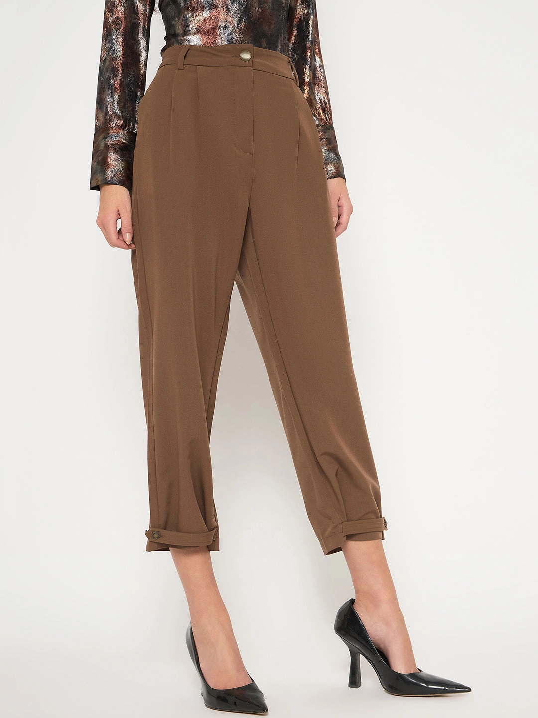 Everyday Comfort Wear Madame Buckled Hem Warm Tan Rayon Blend Trousers