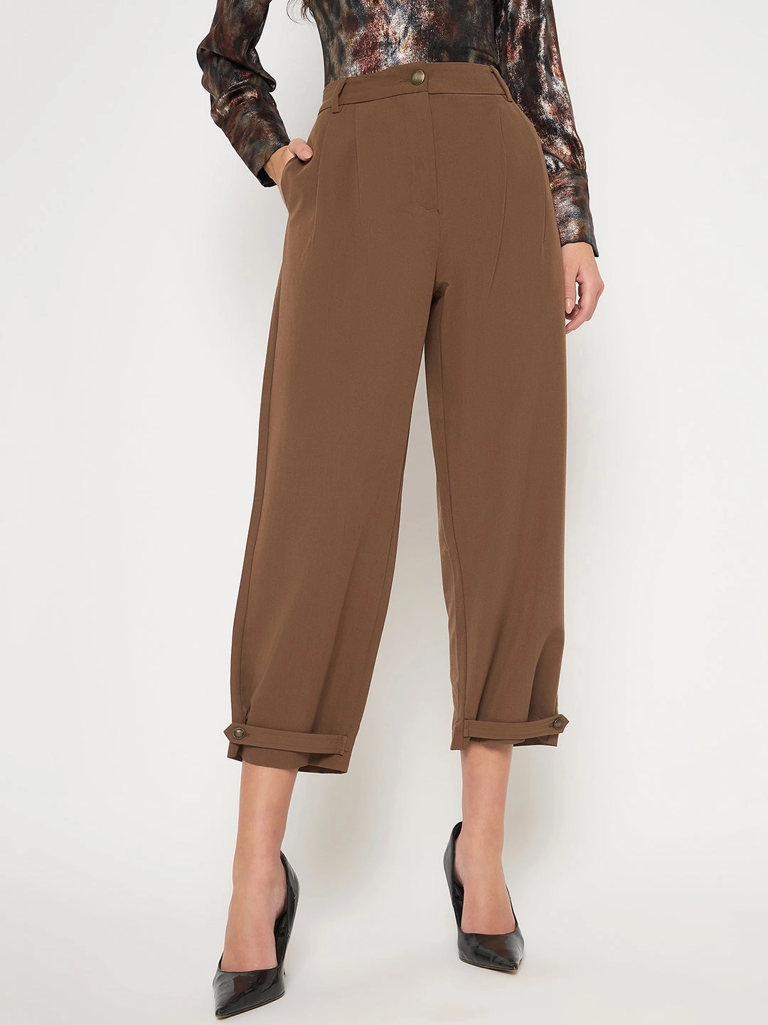 Flexible Look Madame Buckled Hem Warm Tan Rayon Blend Trousers