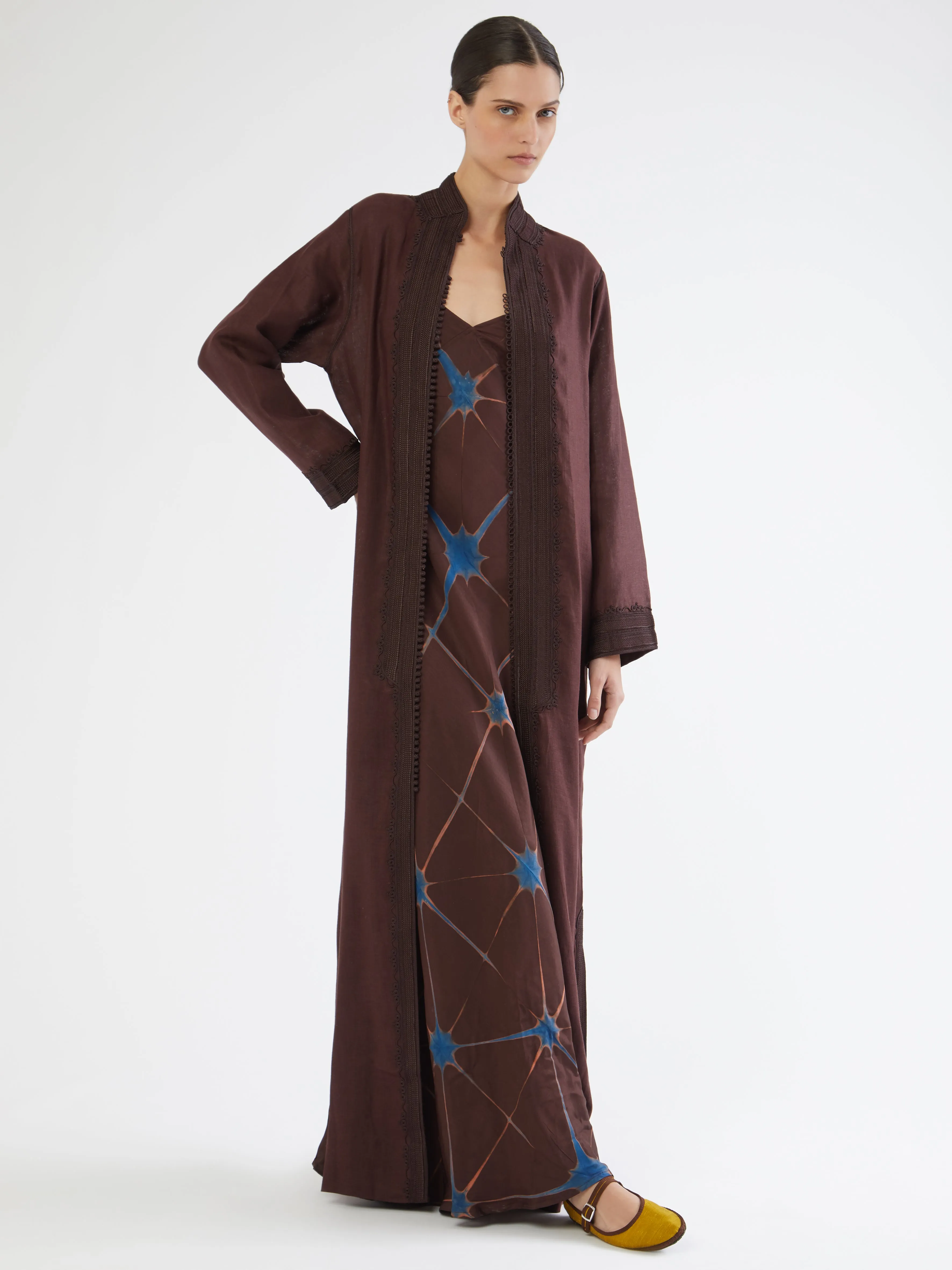 Moroccan long linen robe Snag Free Surface Adjustable Cuff System