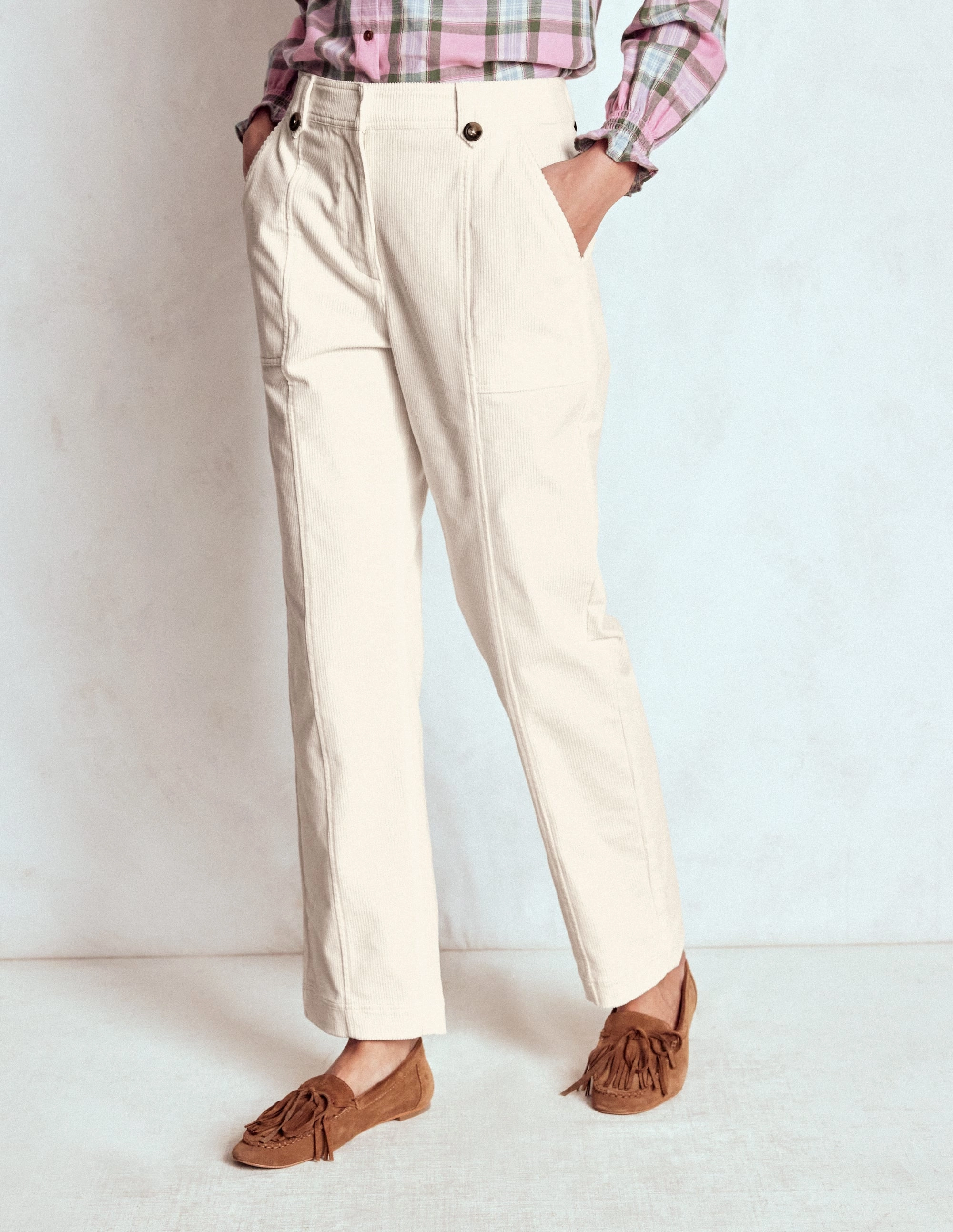 Pimlico Cord Trousers-Ivory Water Repellent Coating Bold Waistband