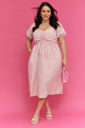 Fashion-forward day dress Pink Check Midi Dress Ruched Bodice Gingham Puff Sleeve
