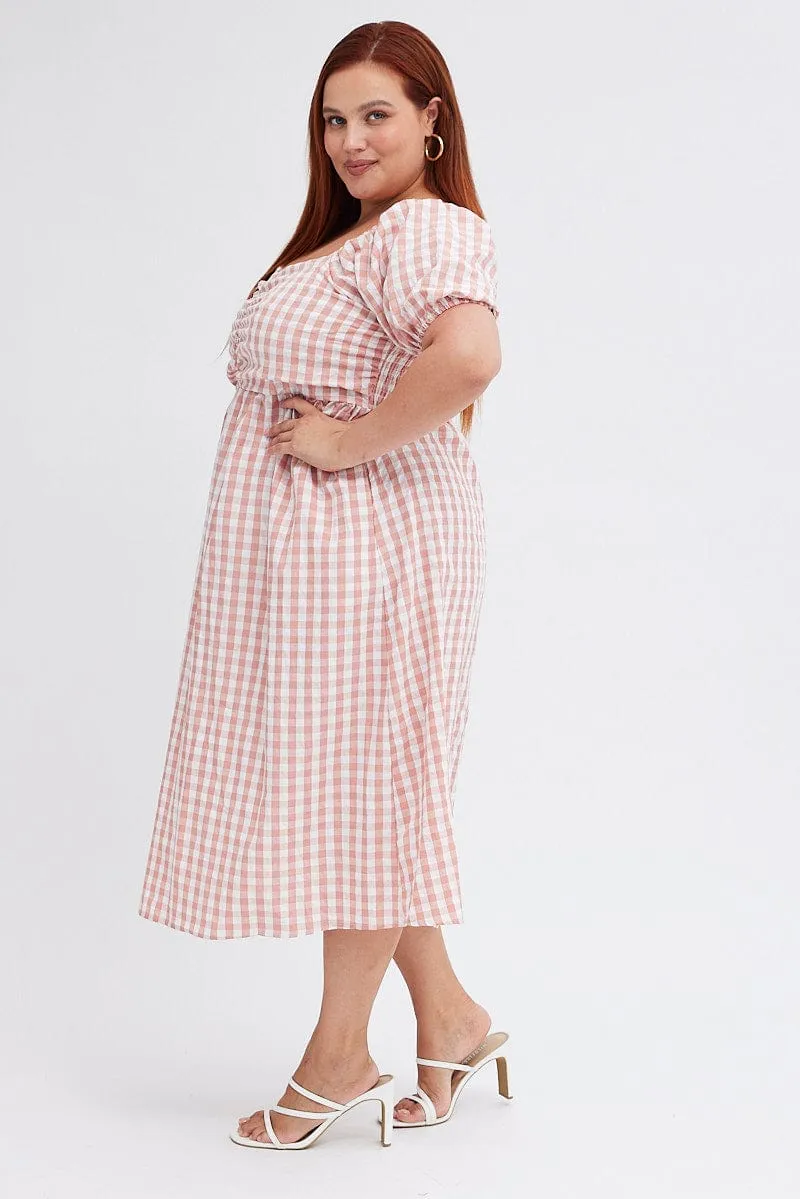 Neutral Form Pink Check Midi Dress Ruched Bodice Gingham Puff Sleeve